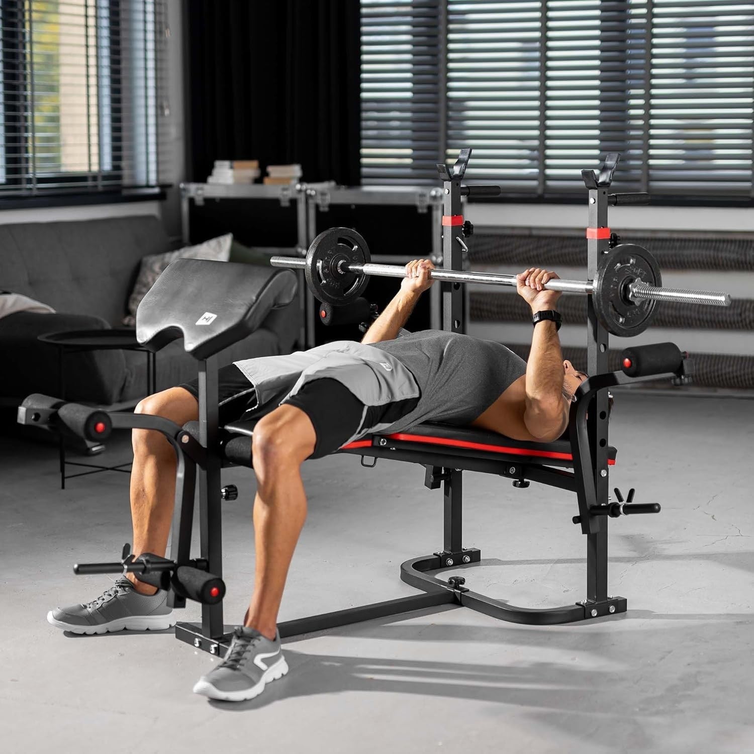 Foldable Multi-Function Weight Bench With Barbell Rack Curl & Leg Trainer