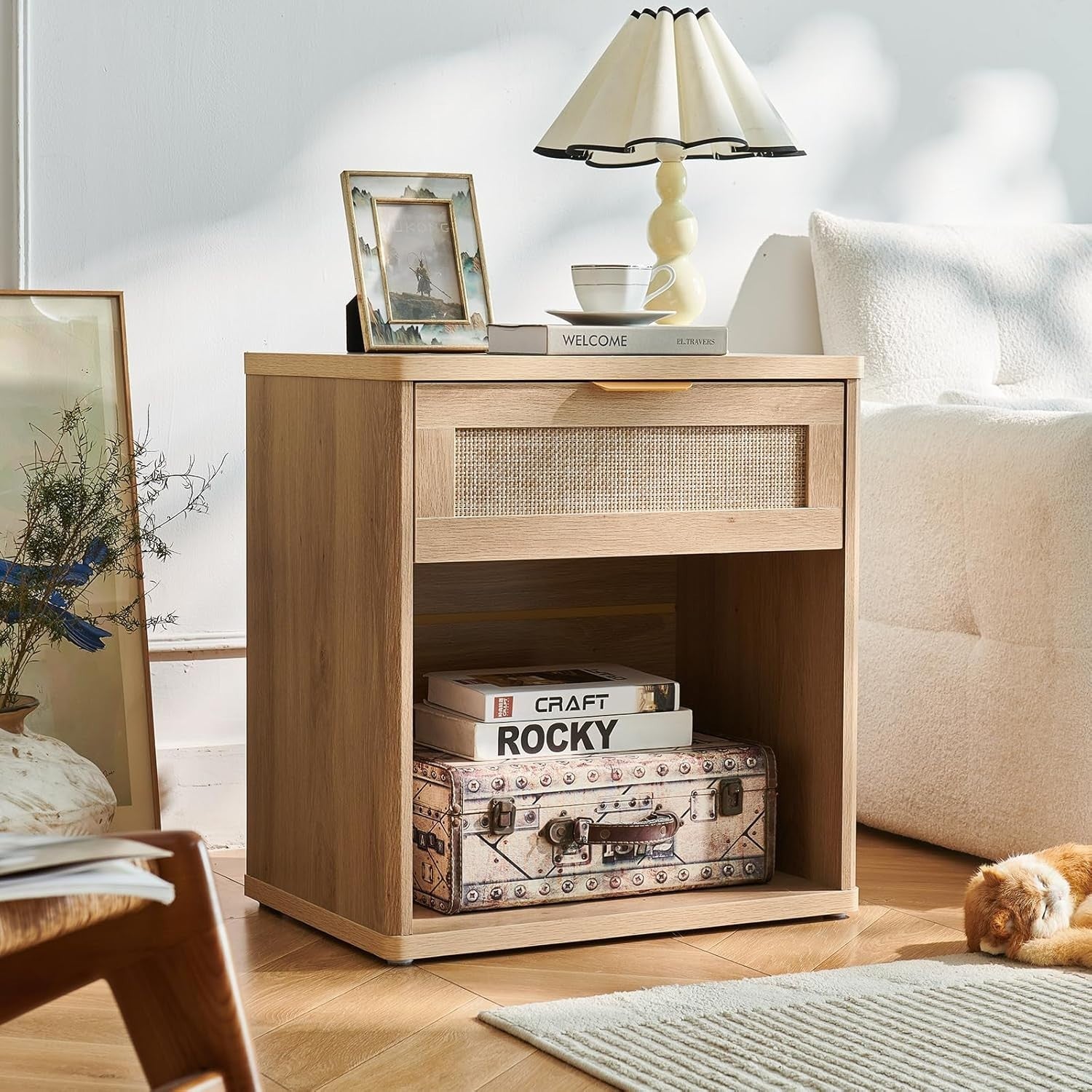 Natural Rattan Bedside Table Nightstand with Drawer Boho Wood Side Table