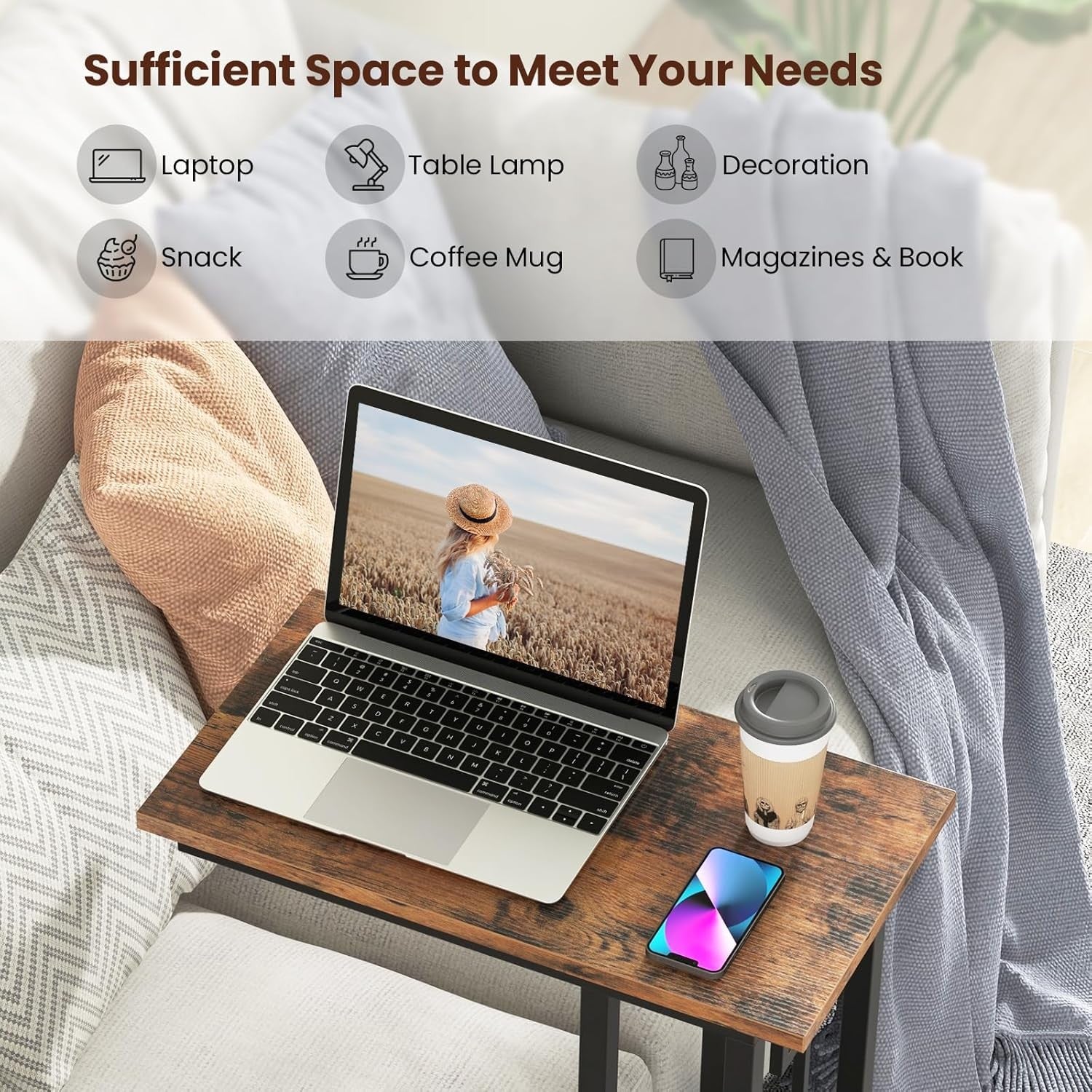 Industrial C-Shaped Side Table with Storage Shelf Modern Slim Sofa Laptop Stand