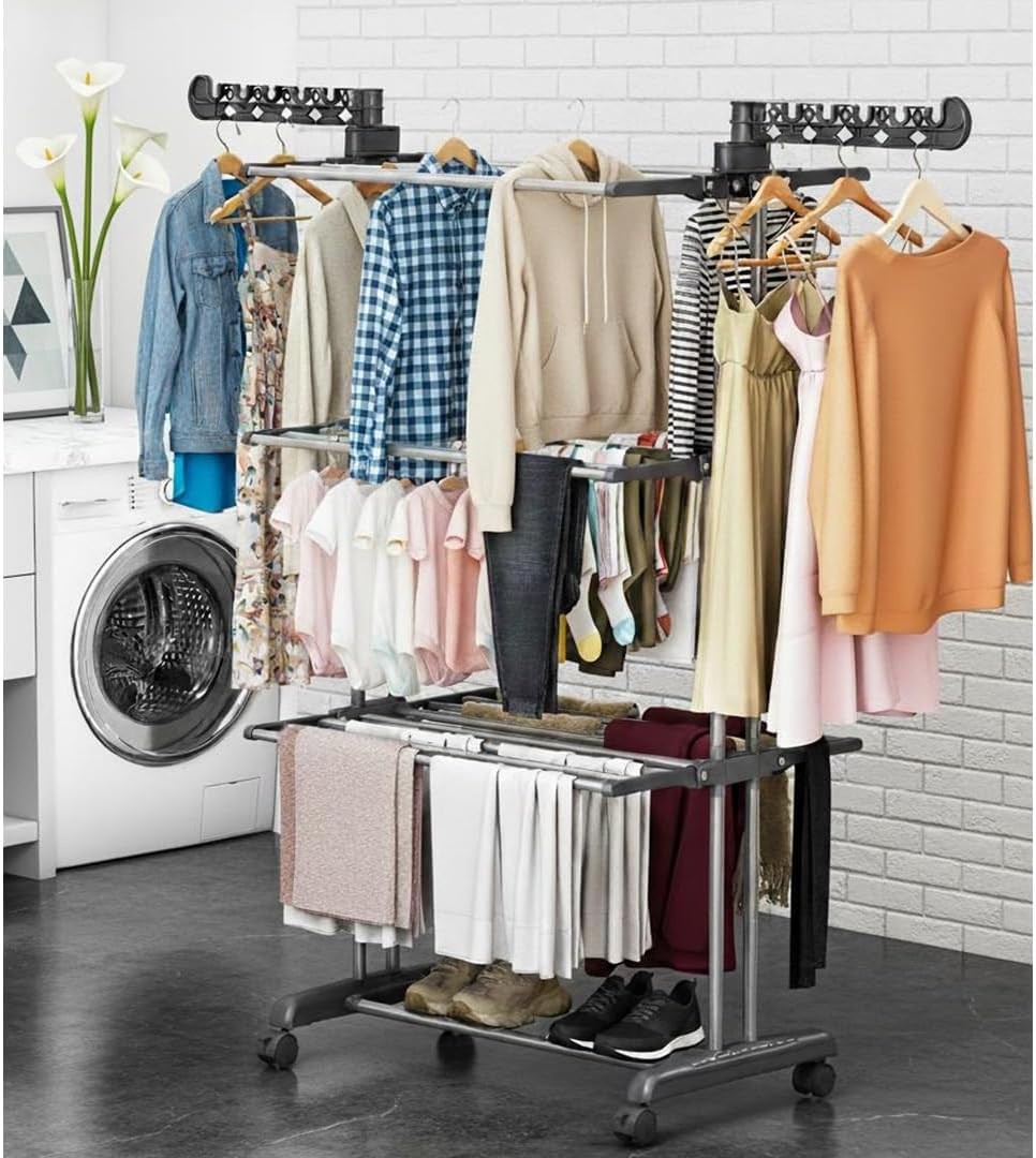 4 Tier Clothes Airer Tower with Wheels Foldable Laundry Drying Rack Steel