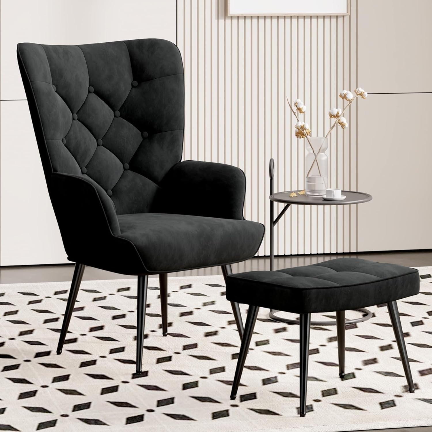 Black Velvet Wingback Chair w/ Footstool Gold Legs Accent Lounge Seat