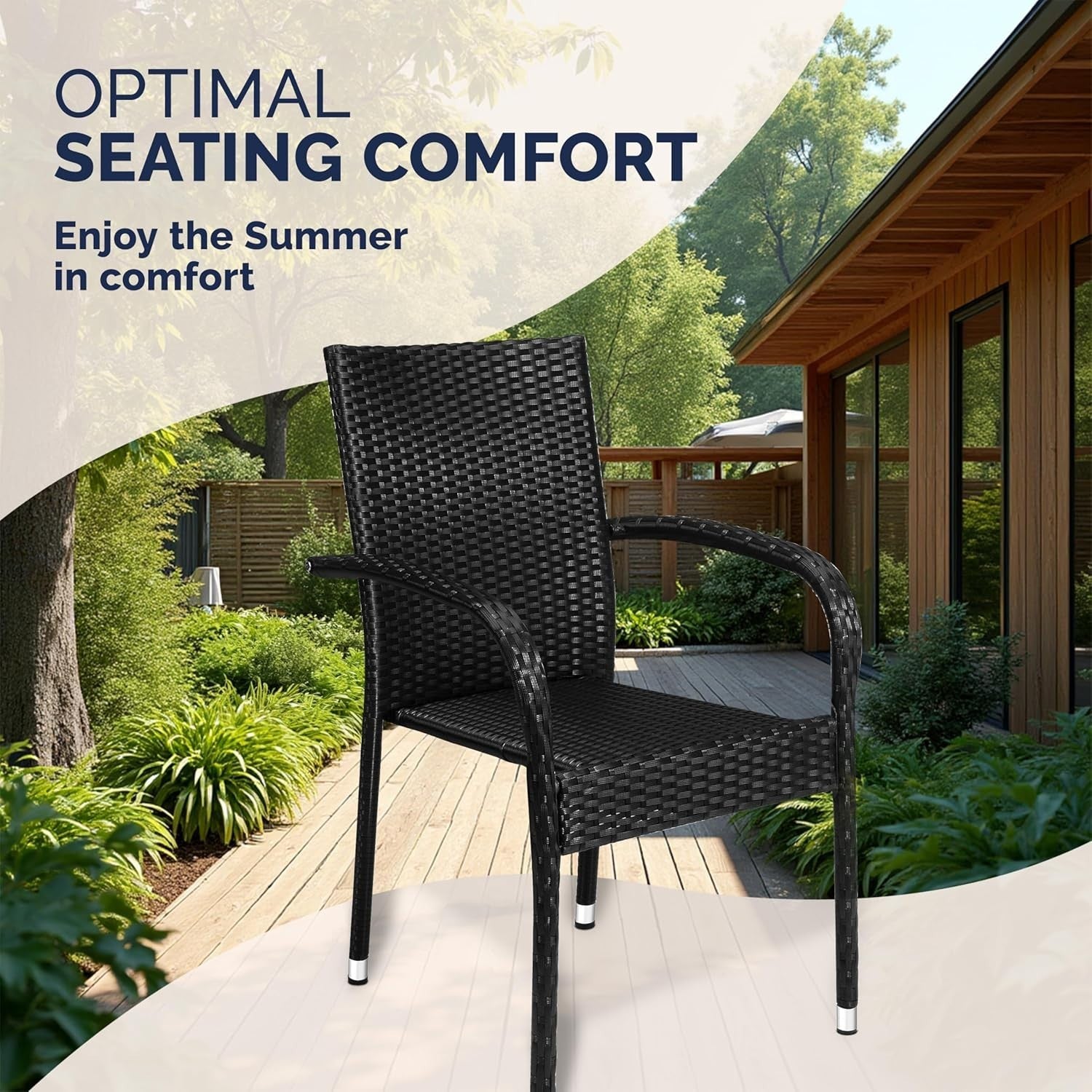 Outdoor Rattan Armchairs Set of 4 Stackable Weatherproof Patio Chairs Black