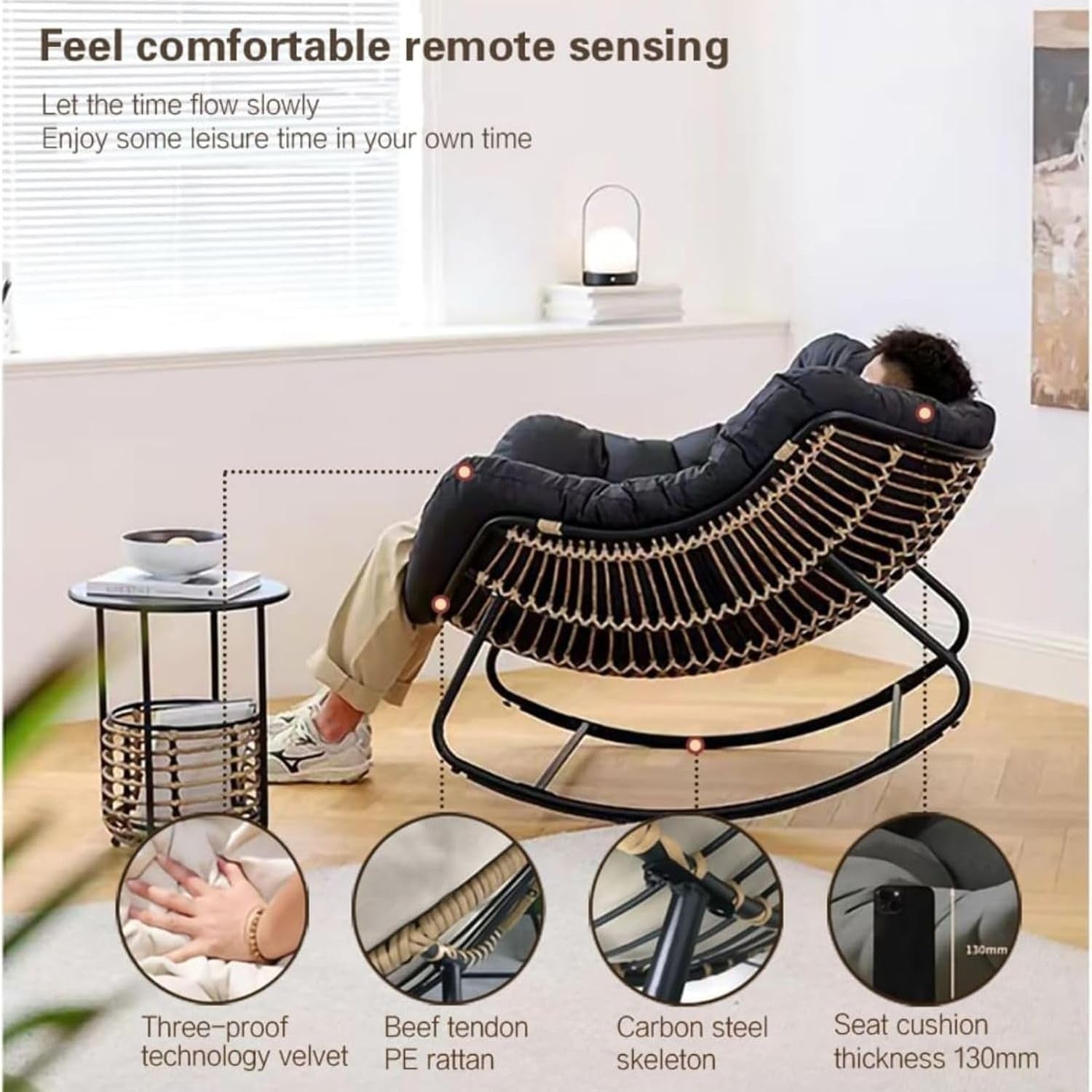 Patio Papasan Rocking Chair Cushioned Oversize Egg Seat Indoor Outdoor