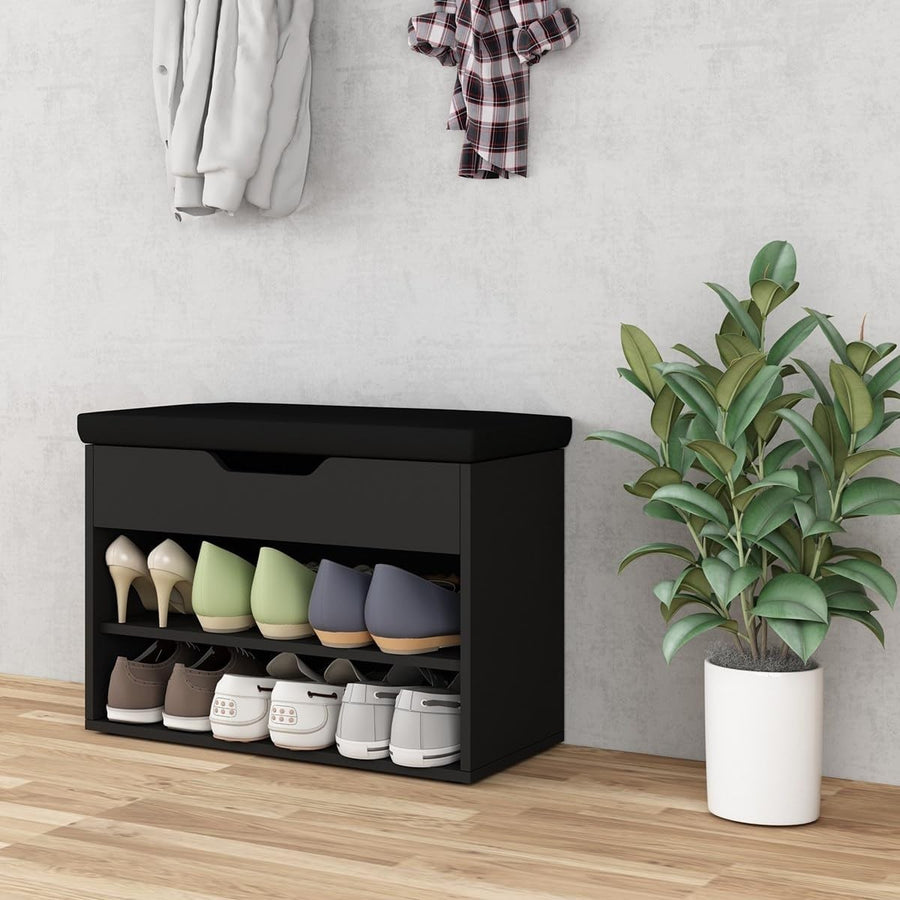 Black Shoe Storage Bench with Cushion 2-Tier Slim Shoe Rack 60×30×47cm
