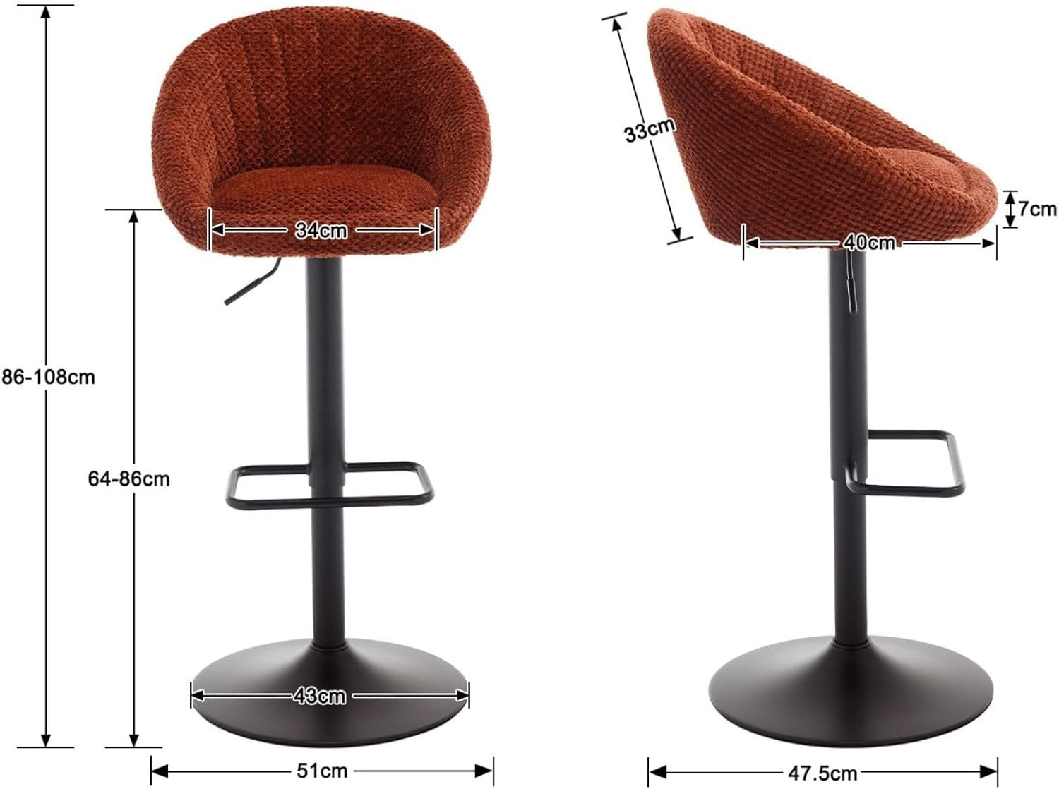 Set of 4 Brown Chenille Bar Stools Adjustable Swivel Counter Chairs