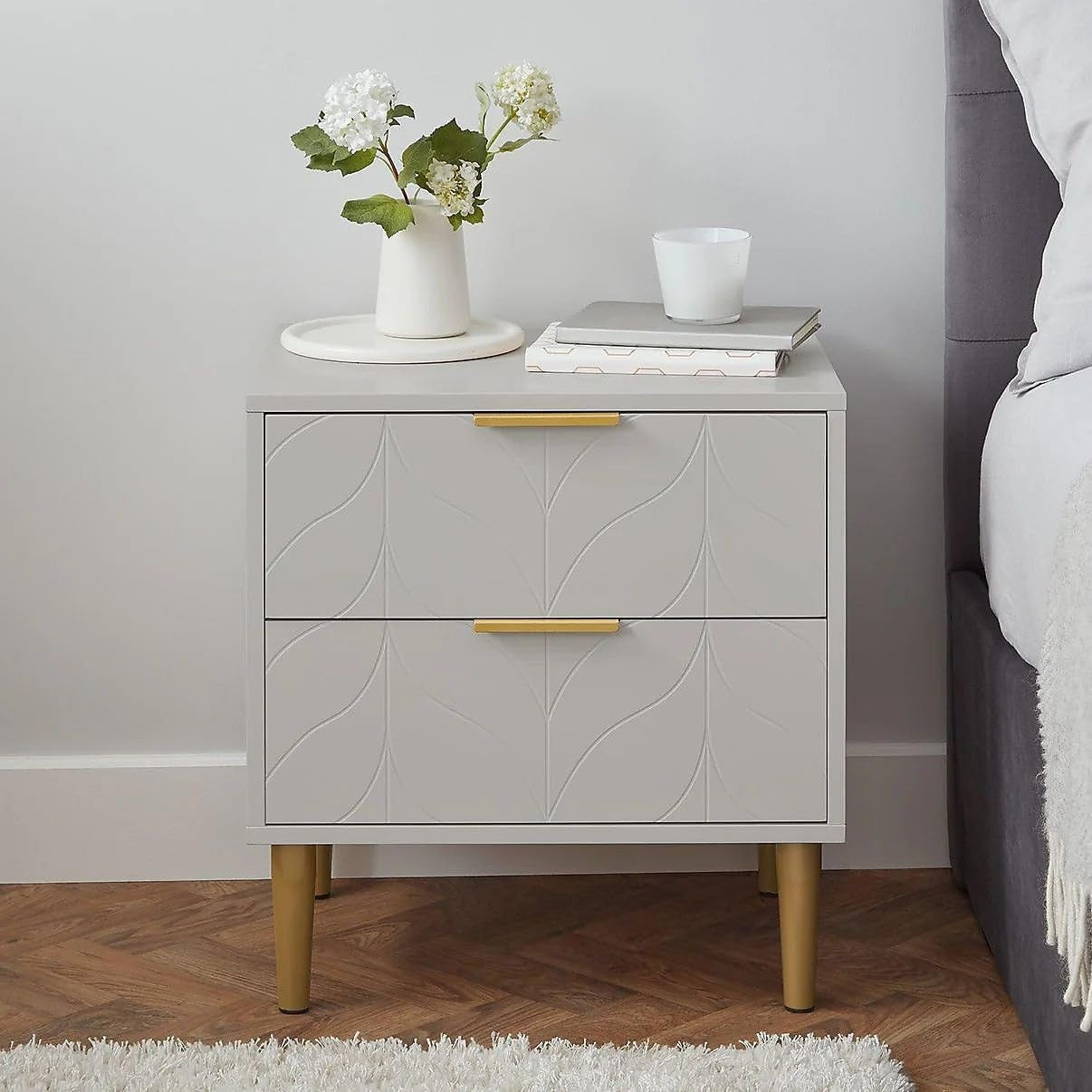 Modern Grey Bedside Table with Bronze Handles | 2 Drawer Nightstand