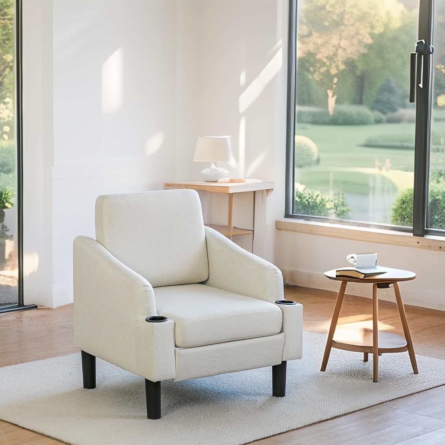 Beige Fabric Accent Armchair with Cup Holders – Comfy Living Room Seat