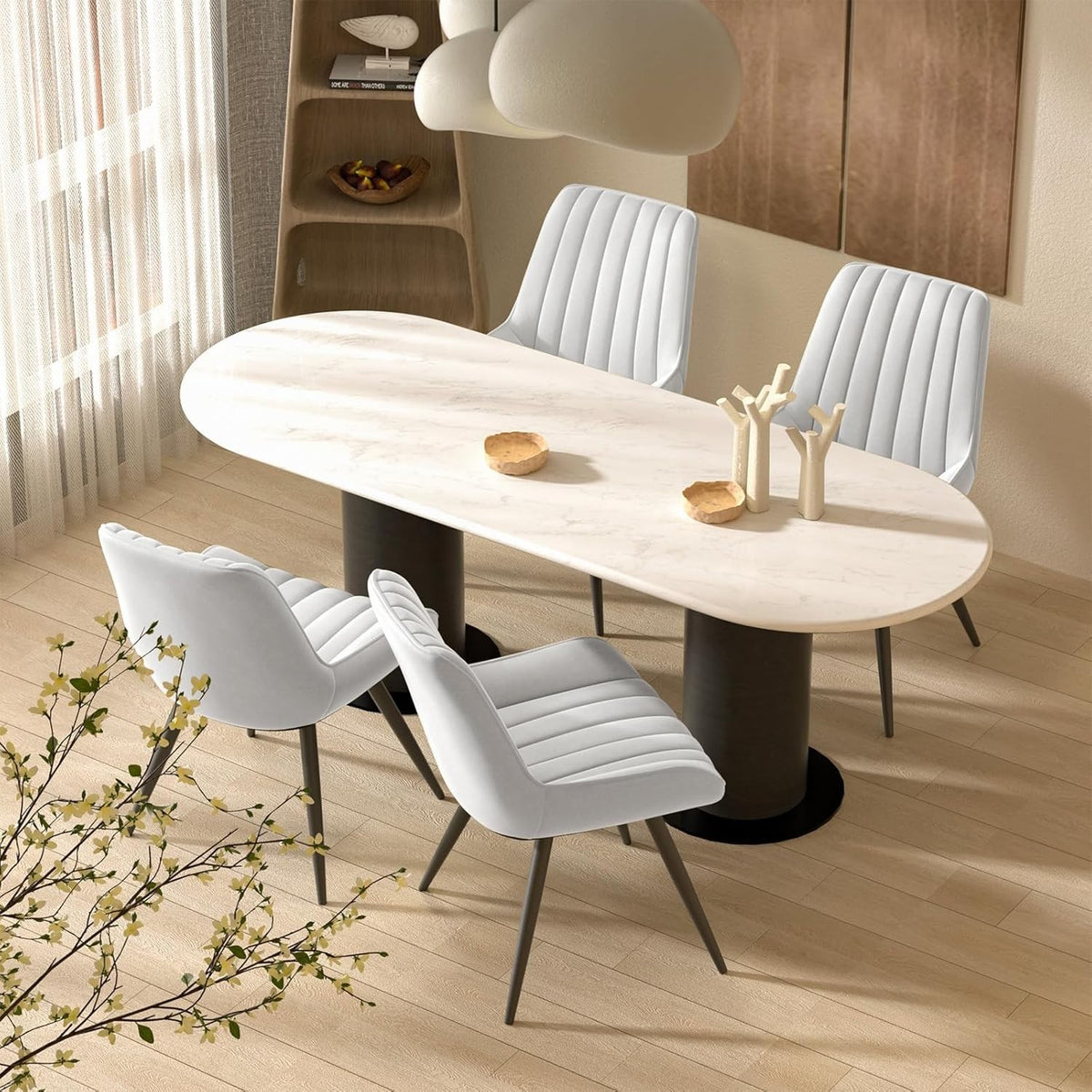 Set of 4 Modern Upholstered Dining Chairs | Thick Cushions, Metal Legs