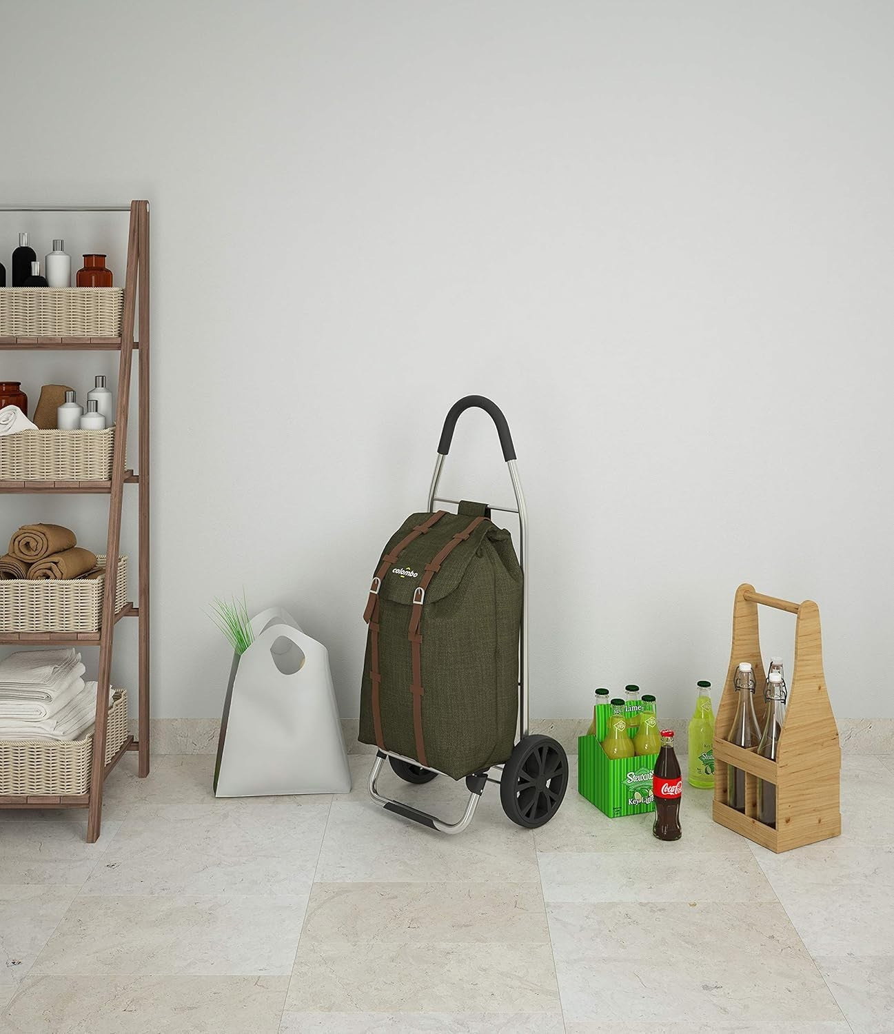 Army Green 50L Steel Shopping Trolley with XL Wheels & Foldable Design