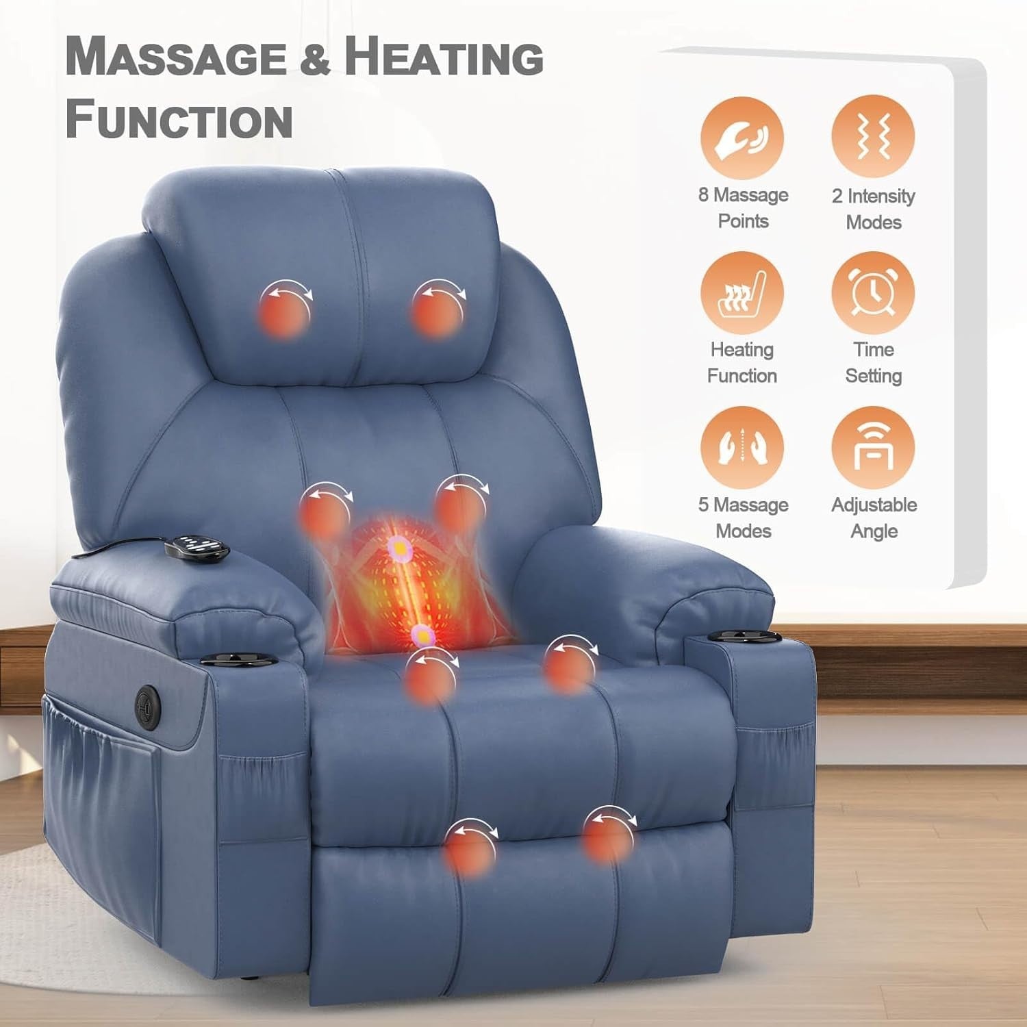 Power Lift Recliner Chair Massage Heat USB Type-C Cup Holders Faux Leather Blue