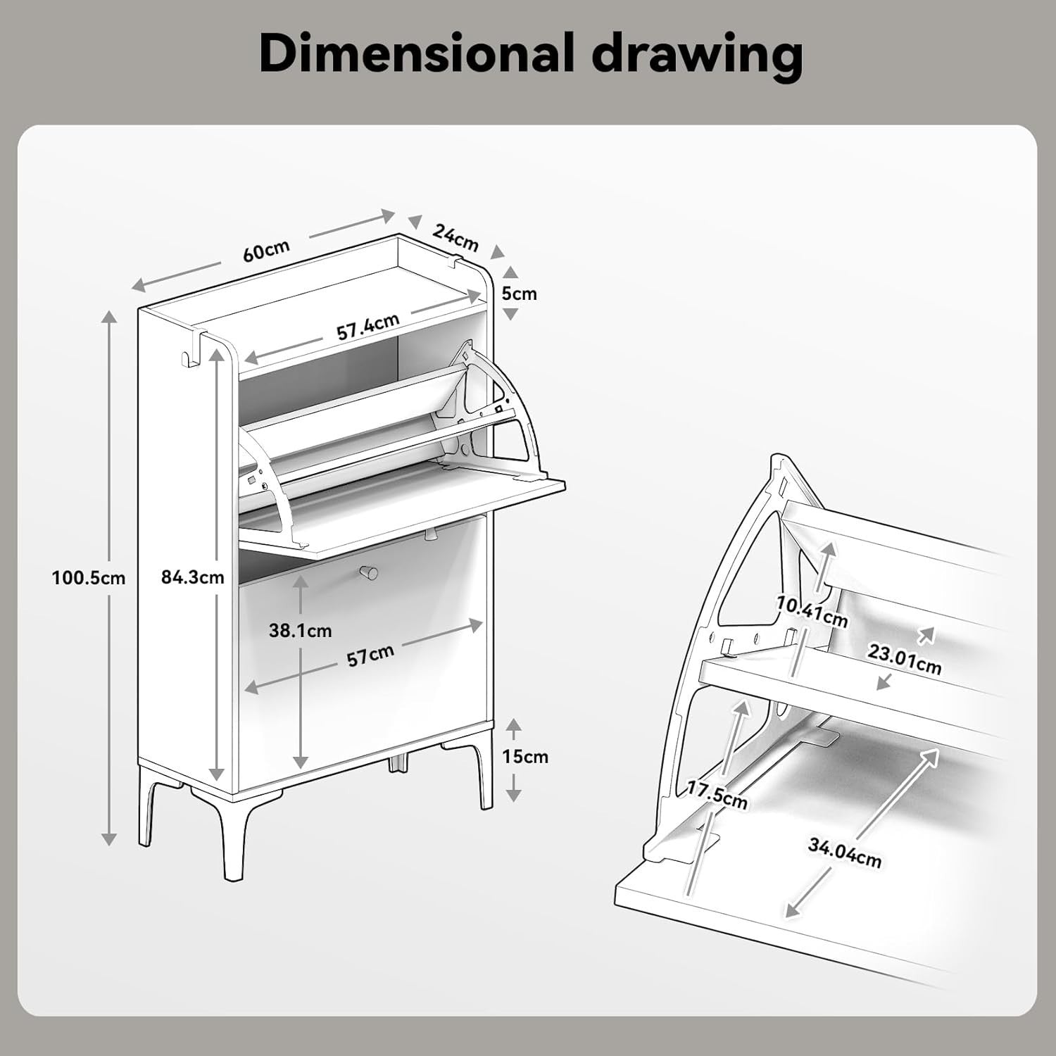 Shoe Cabinet 2 Flip Drawers Adjustable Dividers Sturdy Compact Hallway Storage