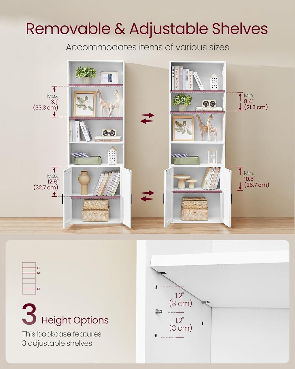 6-Tier White Bookshelf with Doors, Adjustable Shelves, 24x60x175 cm Storage Unit