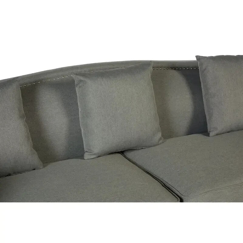 Grey Fabric 3 Seater Sofa w/ Silver Studs, Tuxedo Arms & Wood Feet