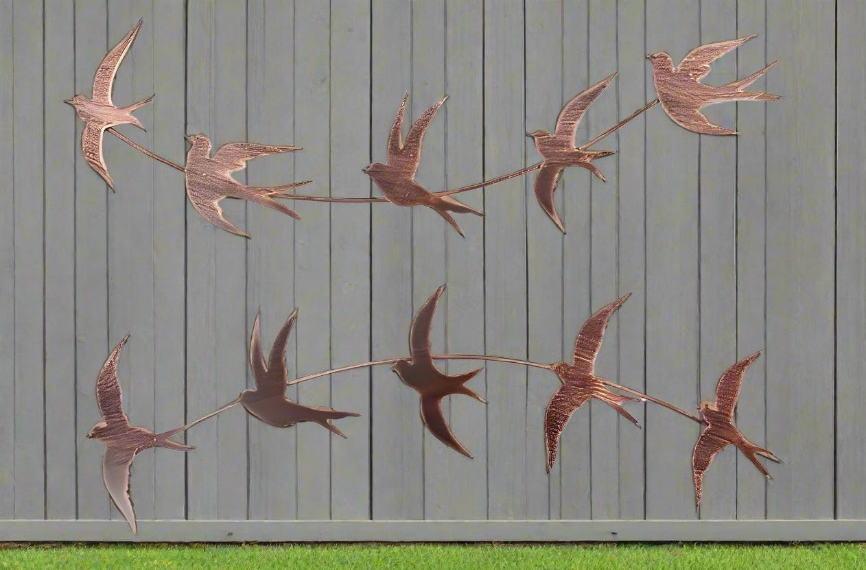 Copper Flying Birds Metal Wall Art Garden Fence Decor Set of 10