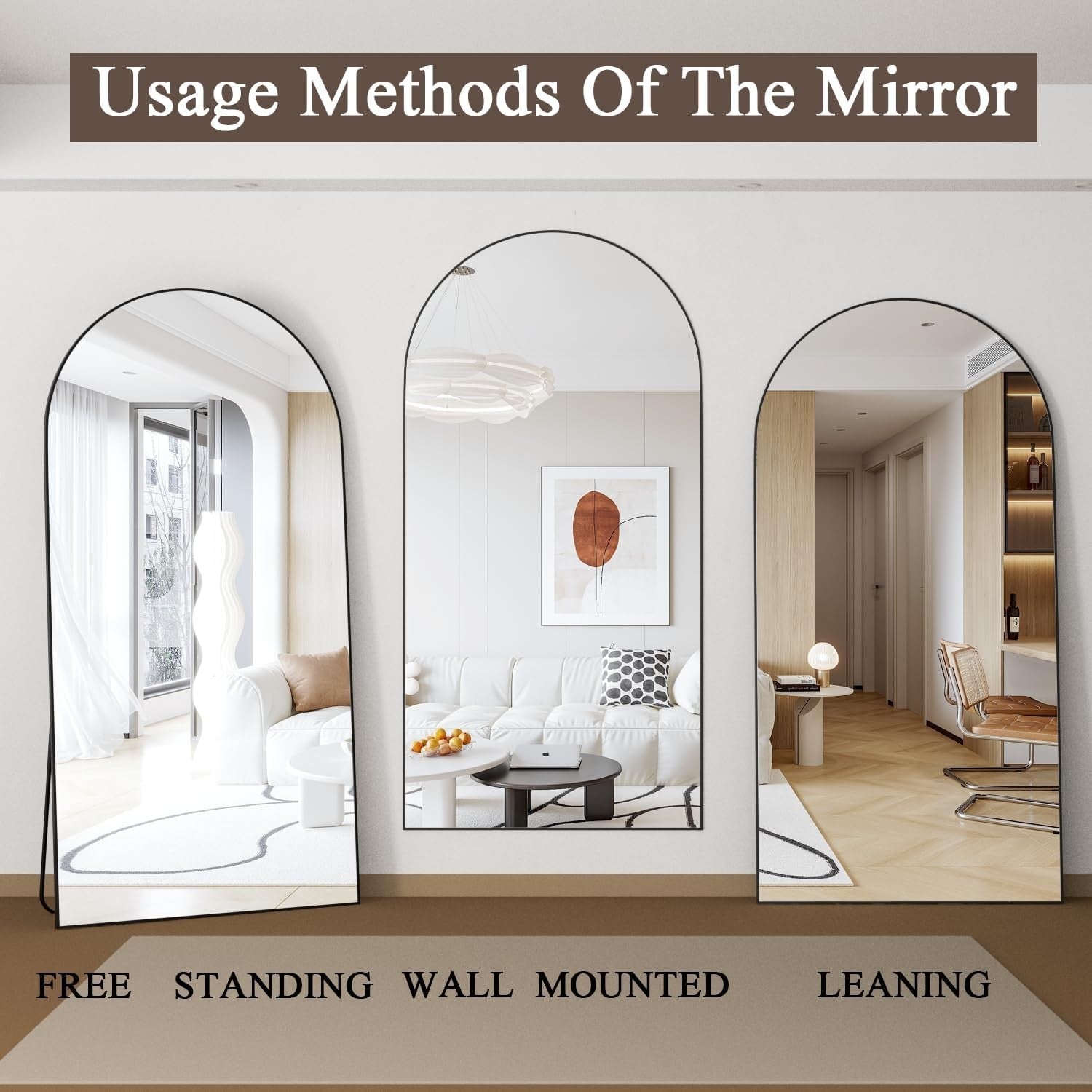 Large Arched Full Length Mirror 180x80cm Black Frame Wall or Floor Use