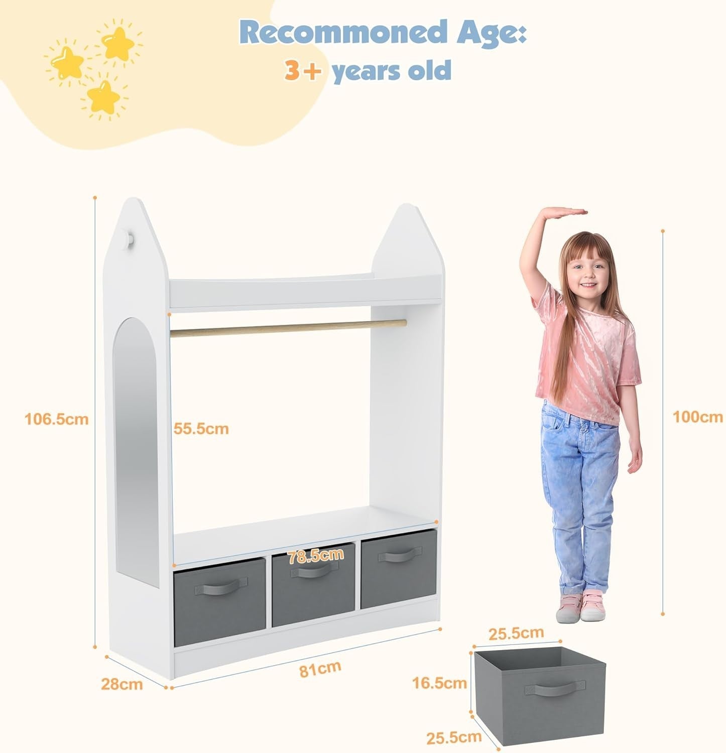 Kids Wardrobe Dress Up Storage with Mirror Costume Rail Closet Armoire White
