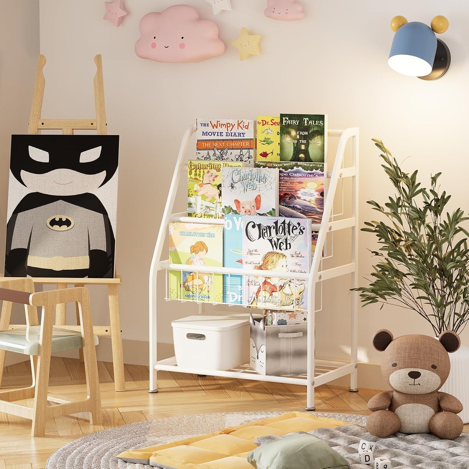 Kids Leaning Bookshelf & Toy Storage Rack – Durable Metal, Space Saving, White