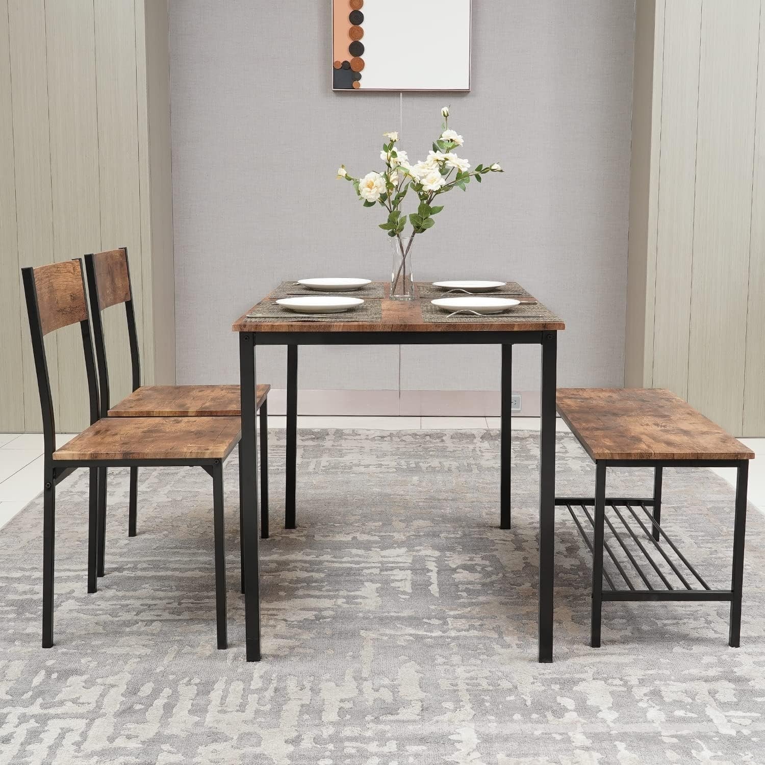Rustic Dining Table Set with Bench & 2 Chairs – Space-Saving Kitchen Furniture