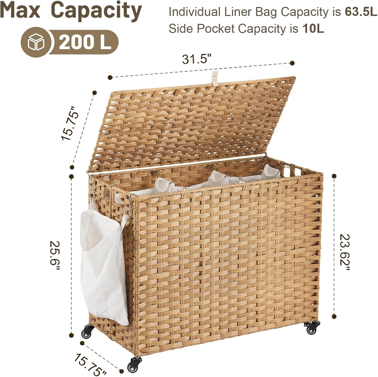 Large 200L Rattan Laundry Hamper on Wheels 3-Section Sorter with Lid & Bags