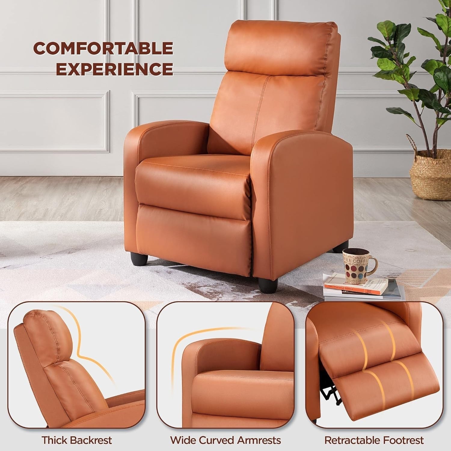 Tan PU Leather Recliner Armchair Adjustable Sofa Chair for Home Lounge