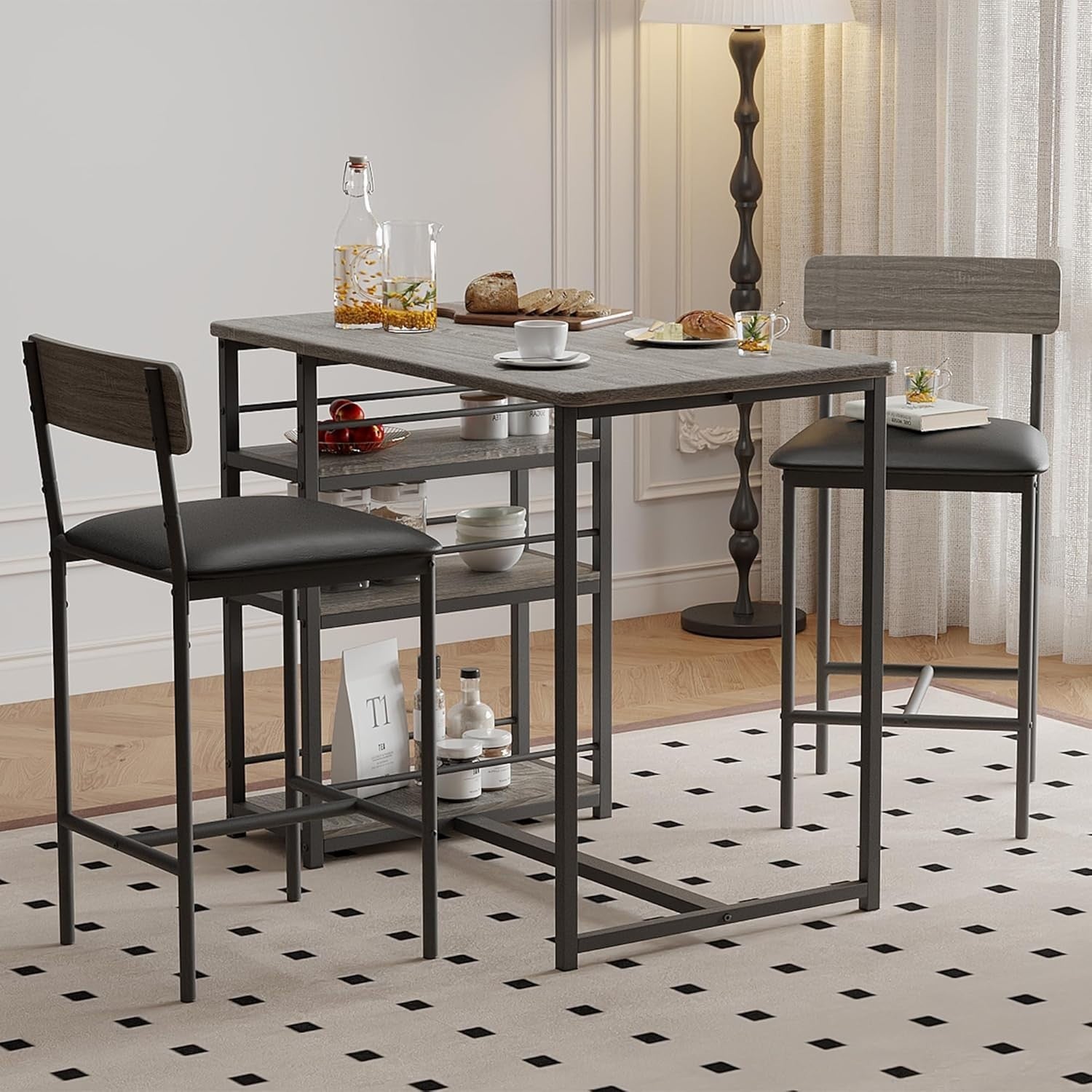 3-Piece Rustic Brown Bar Table Set with 2 Stools & 3 Storage Shelves Dining Set