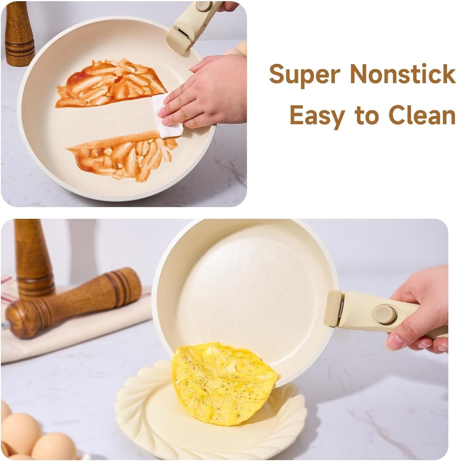 25pcs Beige Non Stick Cookware Set Induction Pots & Pans with Detachable Handles