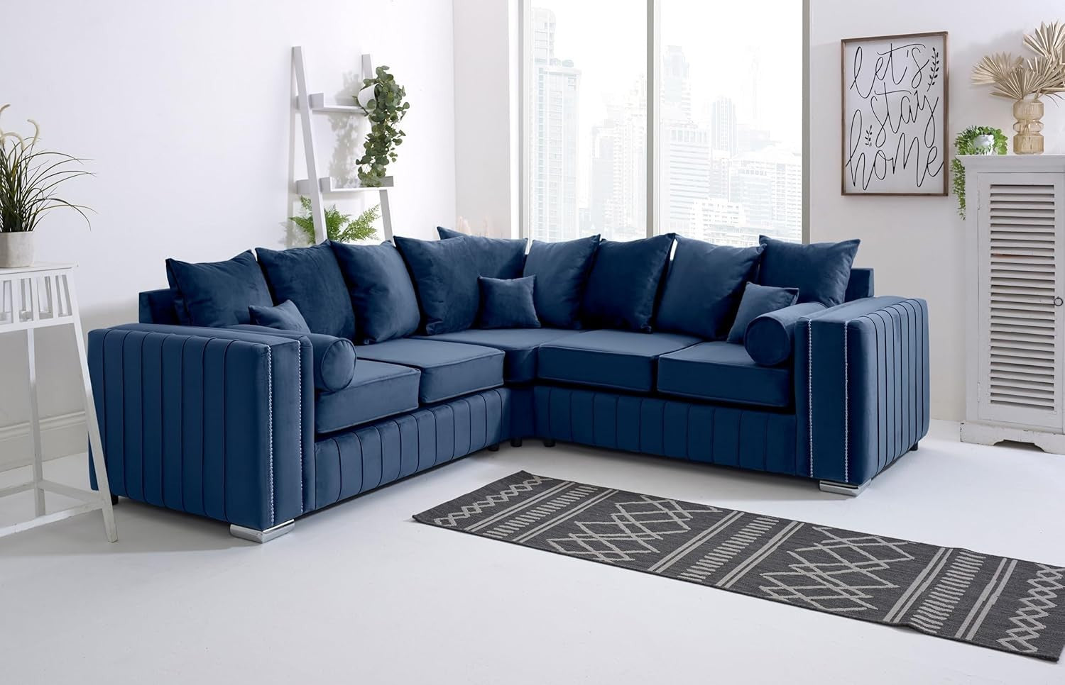 Blue Velvet Corner Sofa 5 Seater | Scatterback | Foam Cushions | Chrome Feet