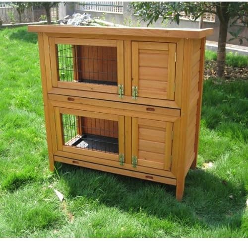 Double Rabbit Hutch Indoor Outdoor Wooden Cage Sliding Tray 2 Tier
