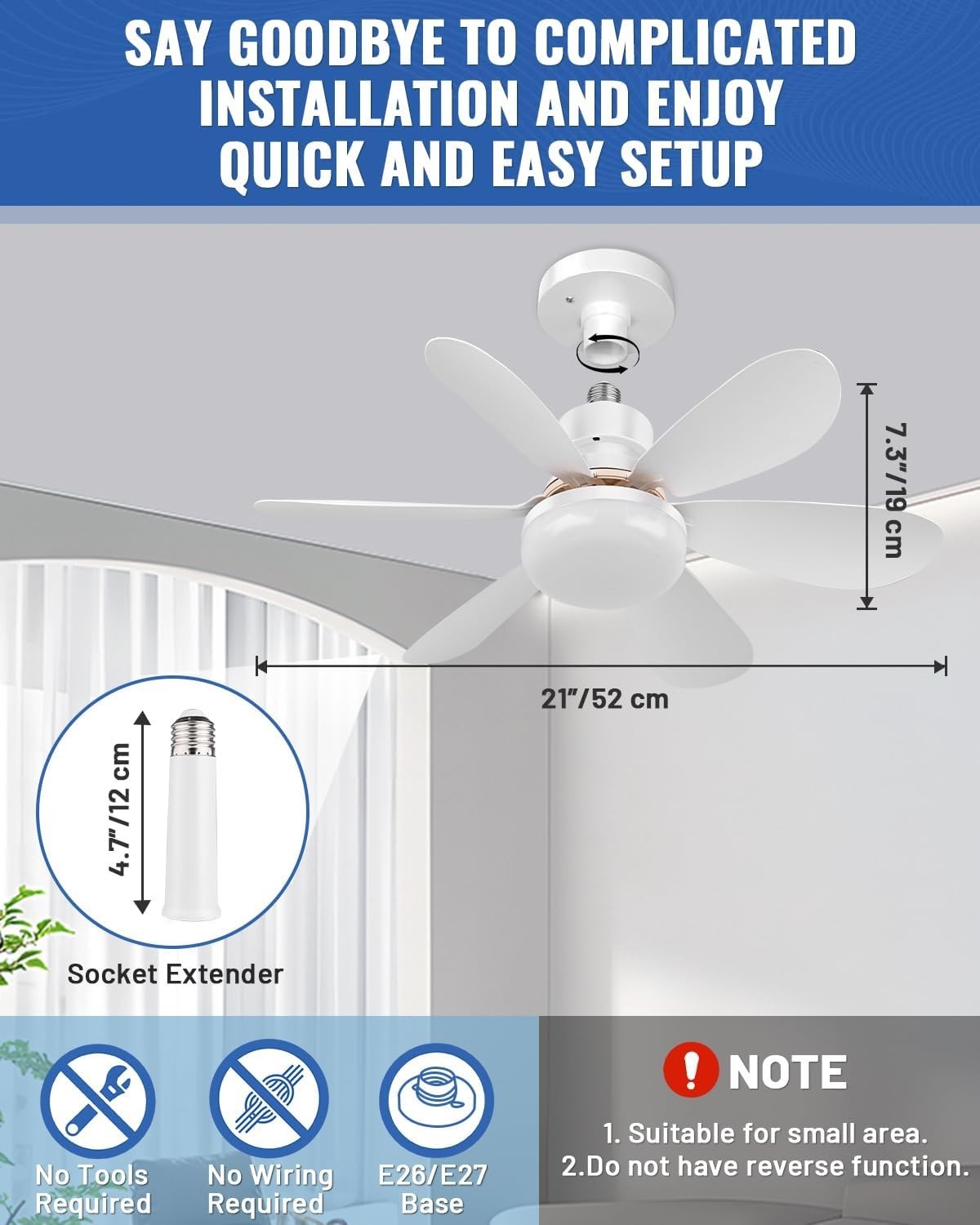 Socket Ceiling Fan Light, Dimmable LED, 3 Colors, 1700LM with Remote Control