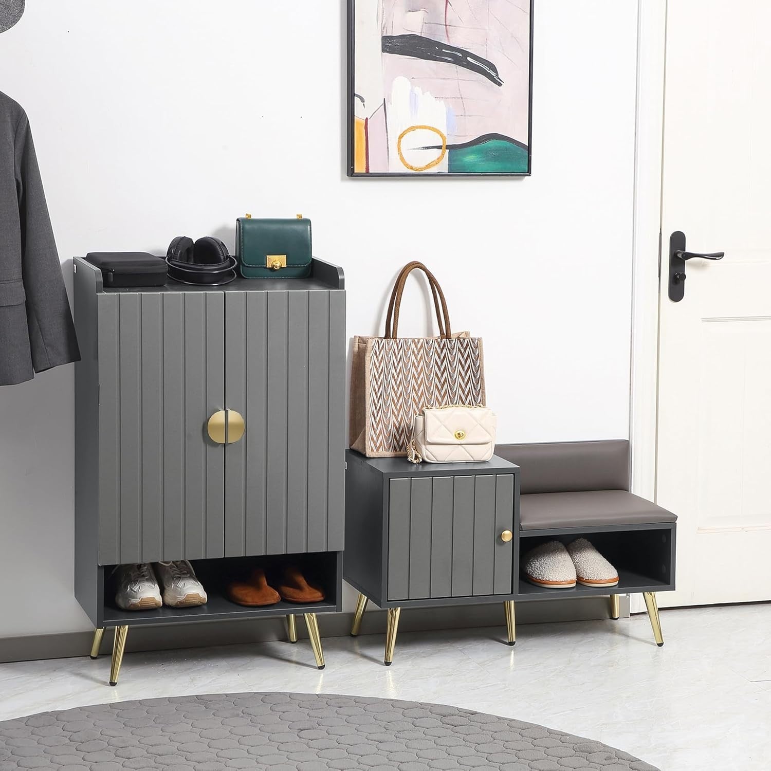 Modern 15-Pair Shoe Cabinet with Adjustable Shelves & Storage, 100x60x33cm Grey
