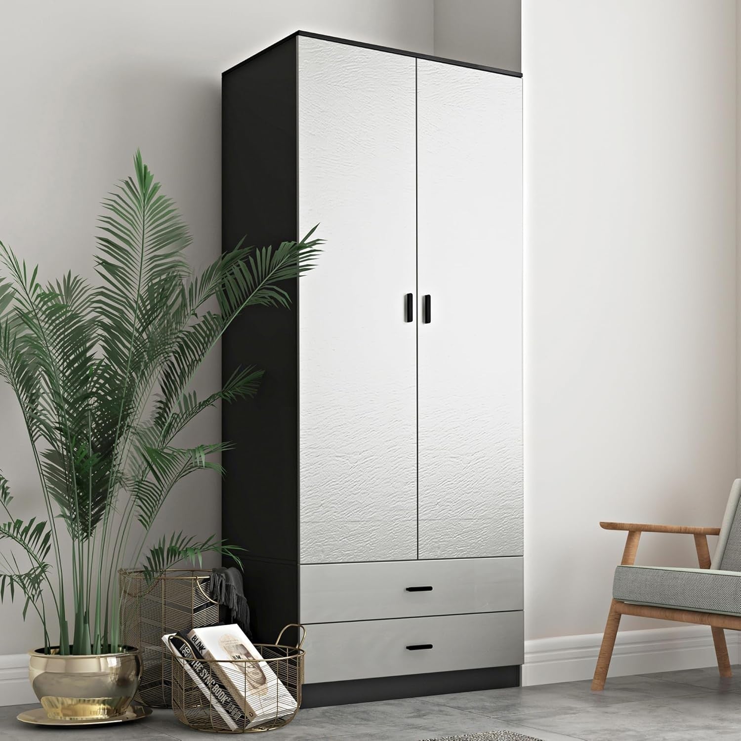 Tall Black Wardrobe Grey Drawers 2 Door Closet Storage Hanging Rail