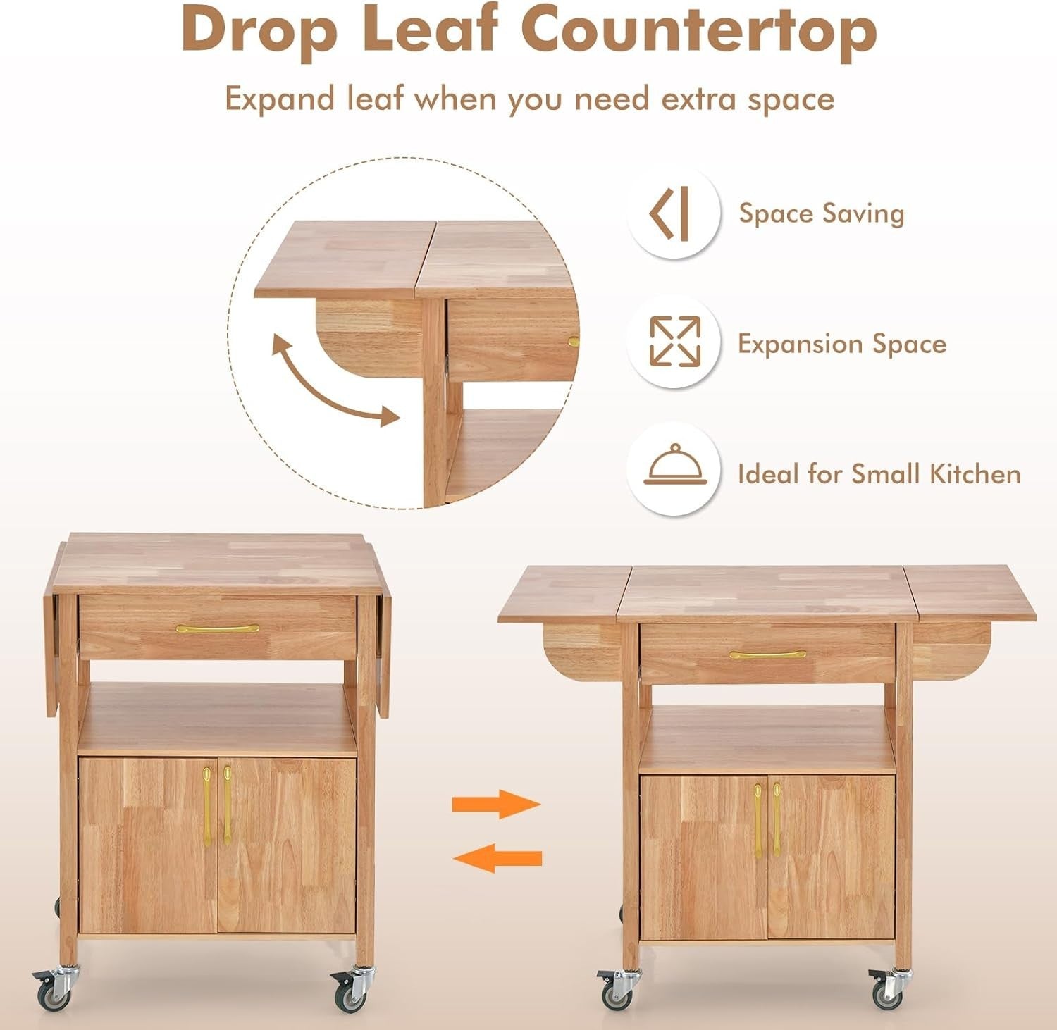 114cm Drop Leaf Kitchen Island Cart Cabinet