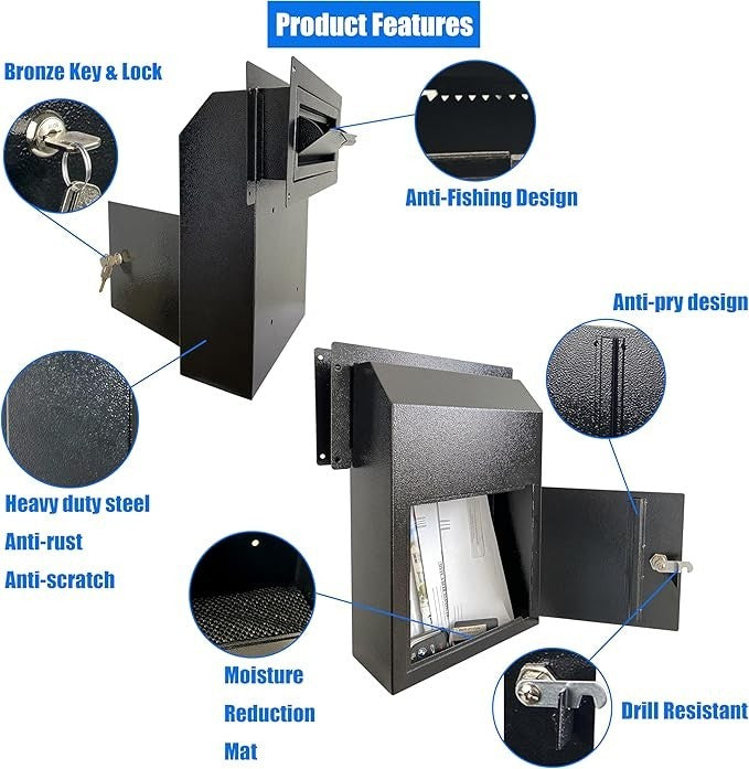 Locking Steel Mail Drop Box Anti-Fishing Secure Rear Access for Rent Keys Cash