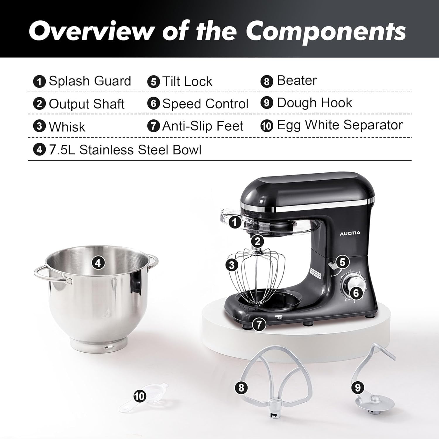 1400W 7.5L Stand Mixer 6-Speed Food Dough Bread Cake Beater Whisk Bowl
