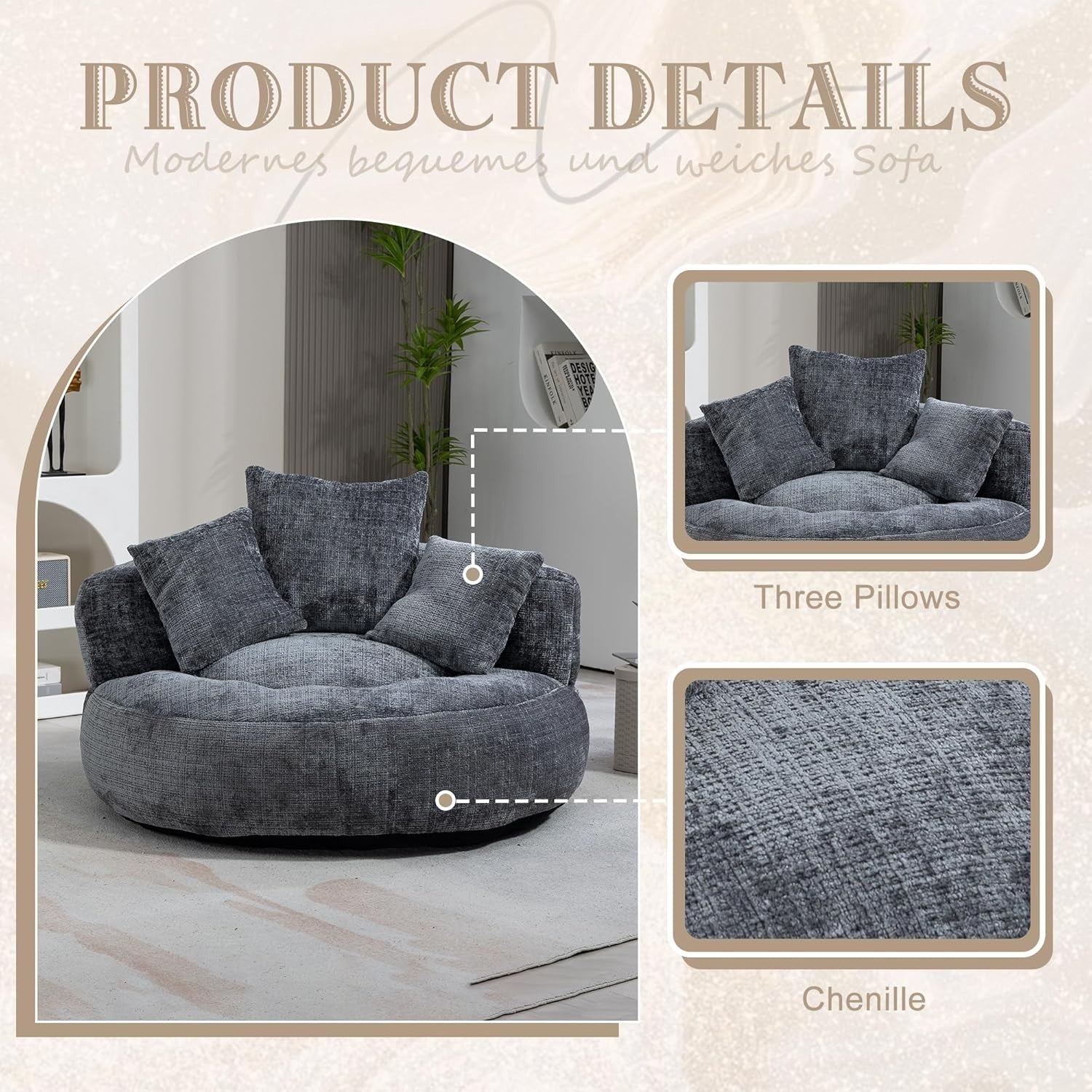 Giant Grey Memory Foam Bean Bag Sofa Chair w/ Cushions – Adult Gaming Lounger