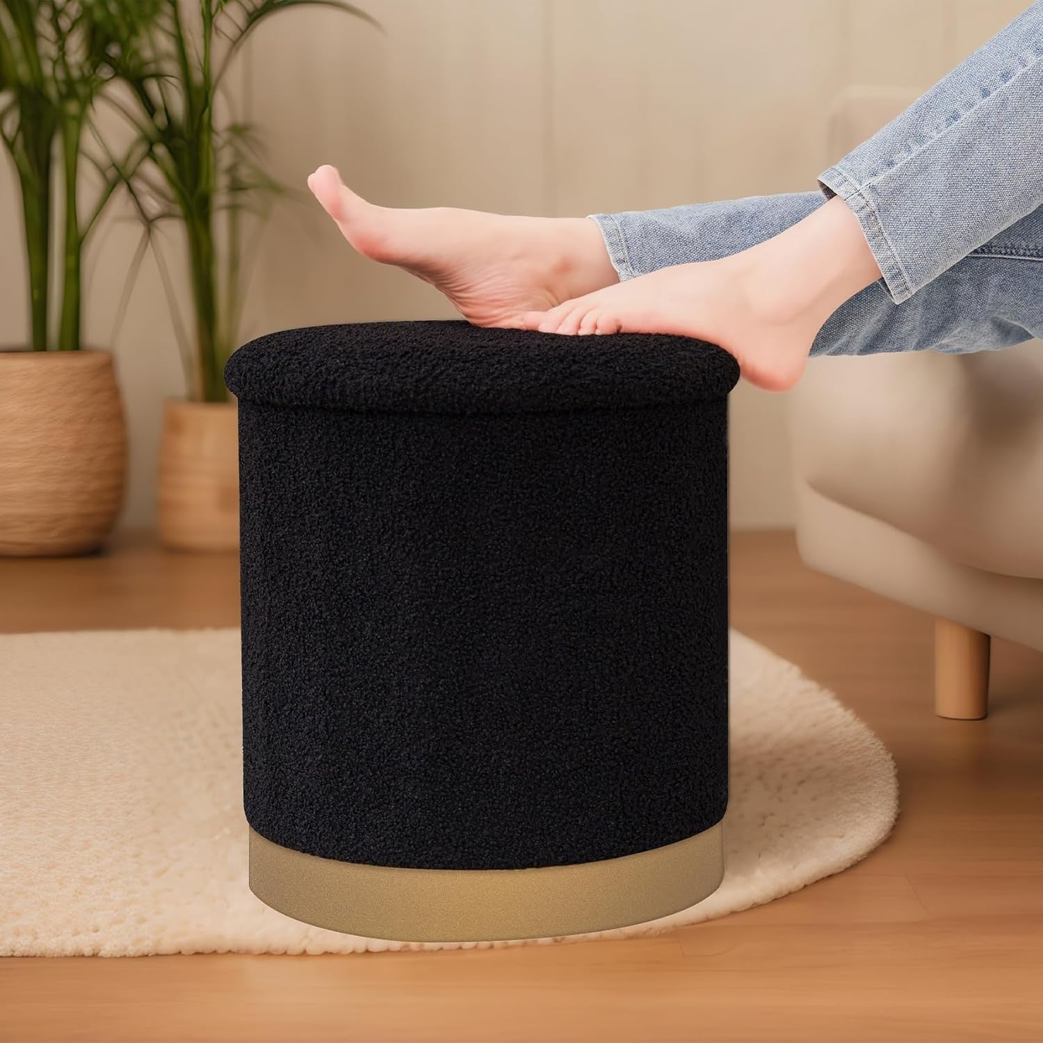 Black Boucle Round Storage Ottoman Large Foldable Footrest with Tray Lid