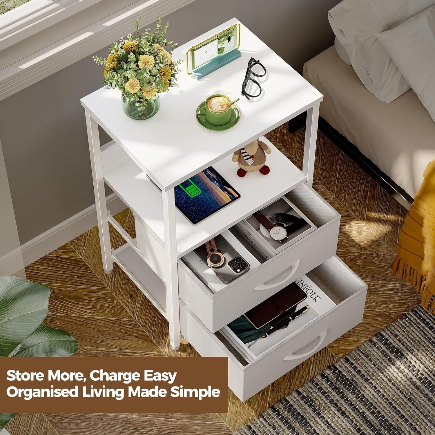 Set of 2 Smart LED Bedside Tables with Charging Station & Drawers – White Modern