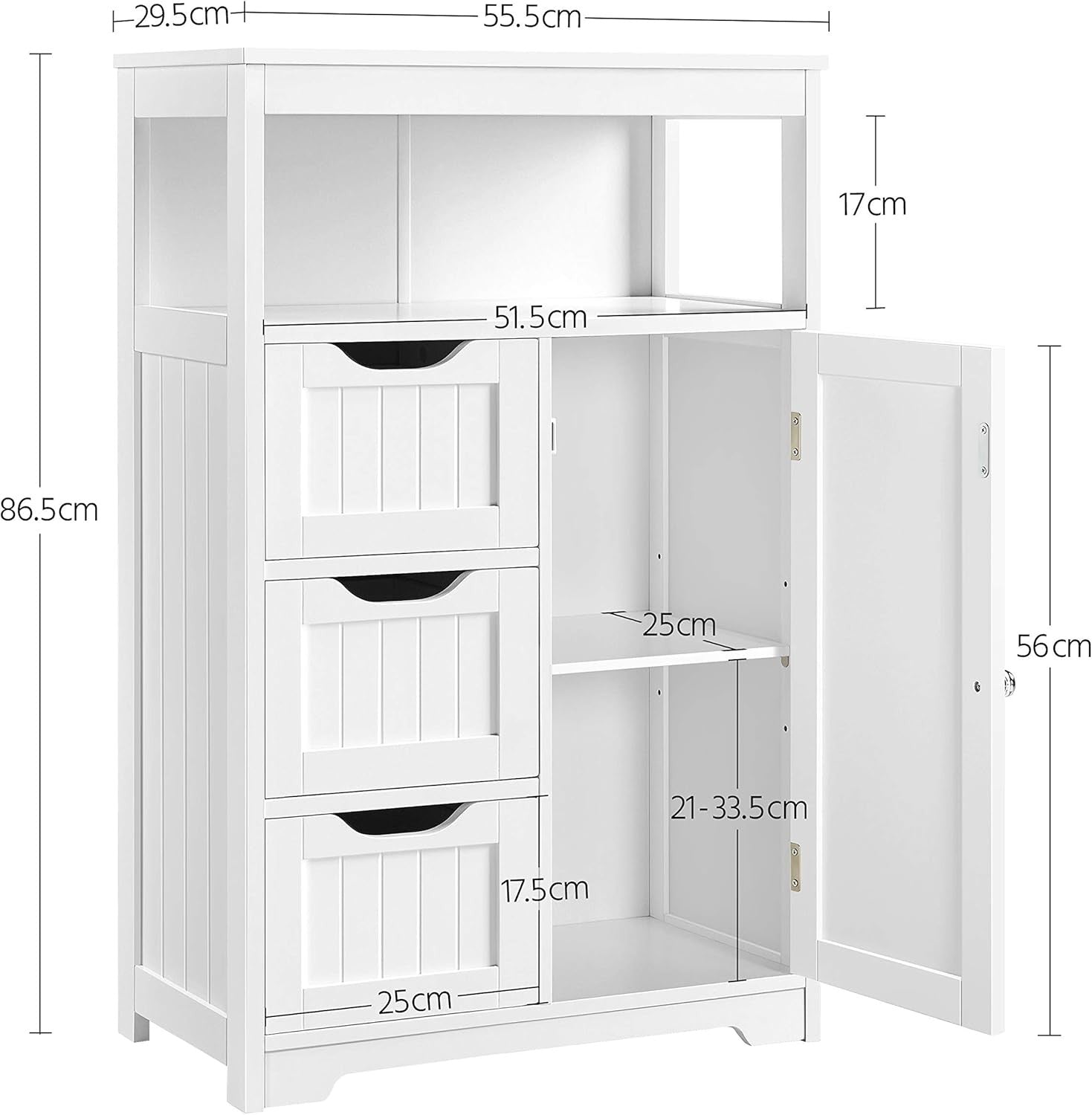 White Bathroom Storage Cabinet with 3 Drawers & Door Freestanding Unit
