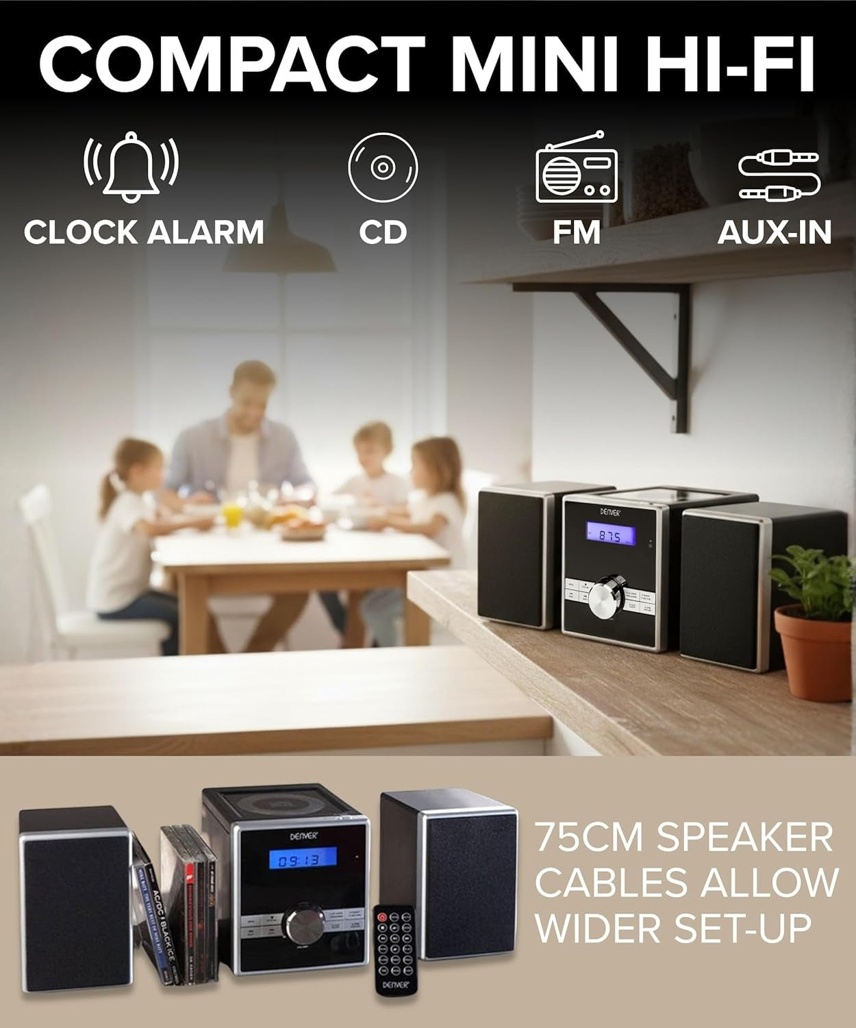 Mini HiFi CD Player Stereo System FM Radio Alarm Clock Remote AUX In