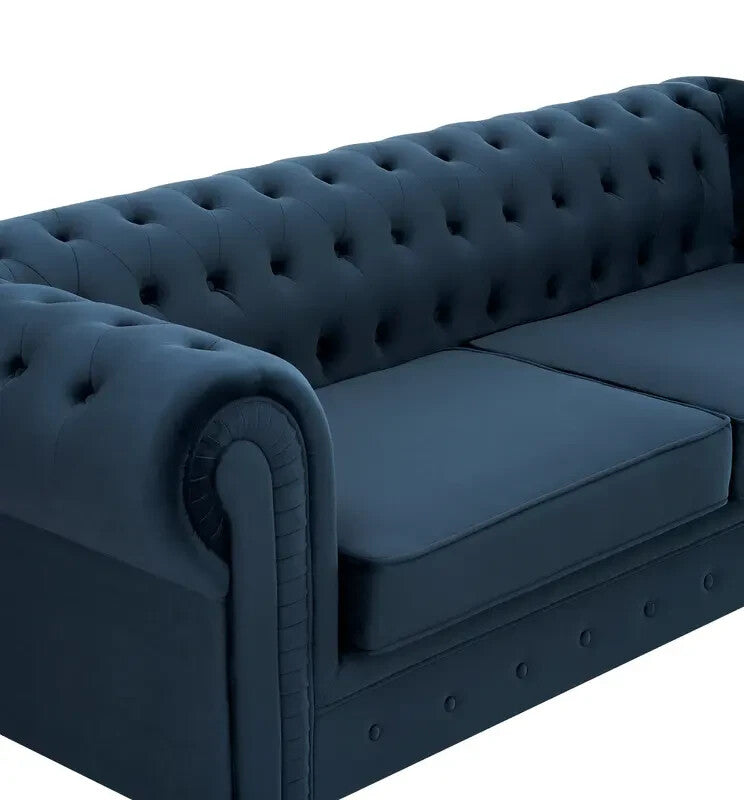 3 Seater Chesterfield Velvet Sofa Midnight Blue Tufted Scroll Arms UK