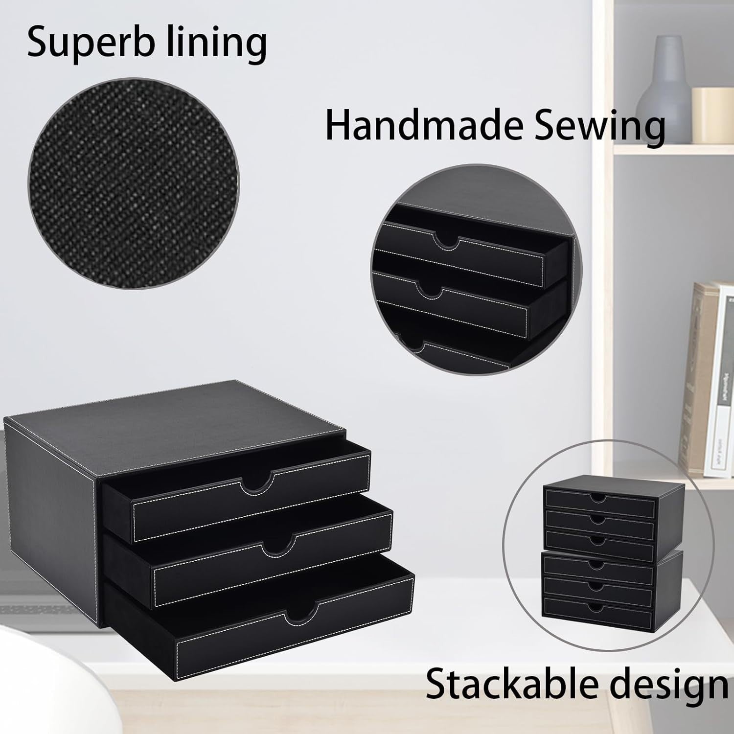 PU Leather Desk Organizer with 3 Drawers – Office & Home Storage Box