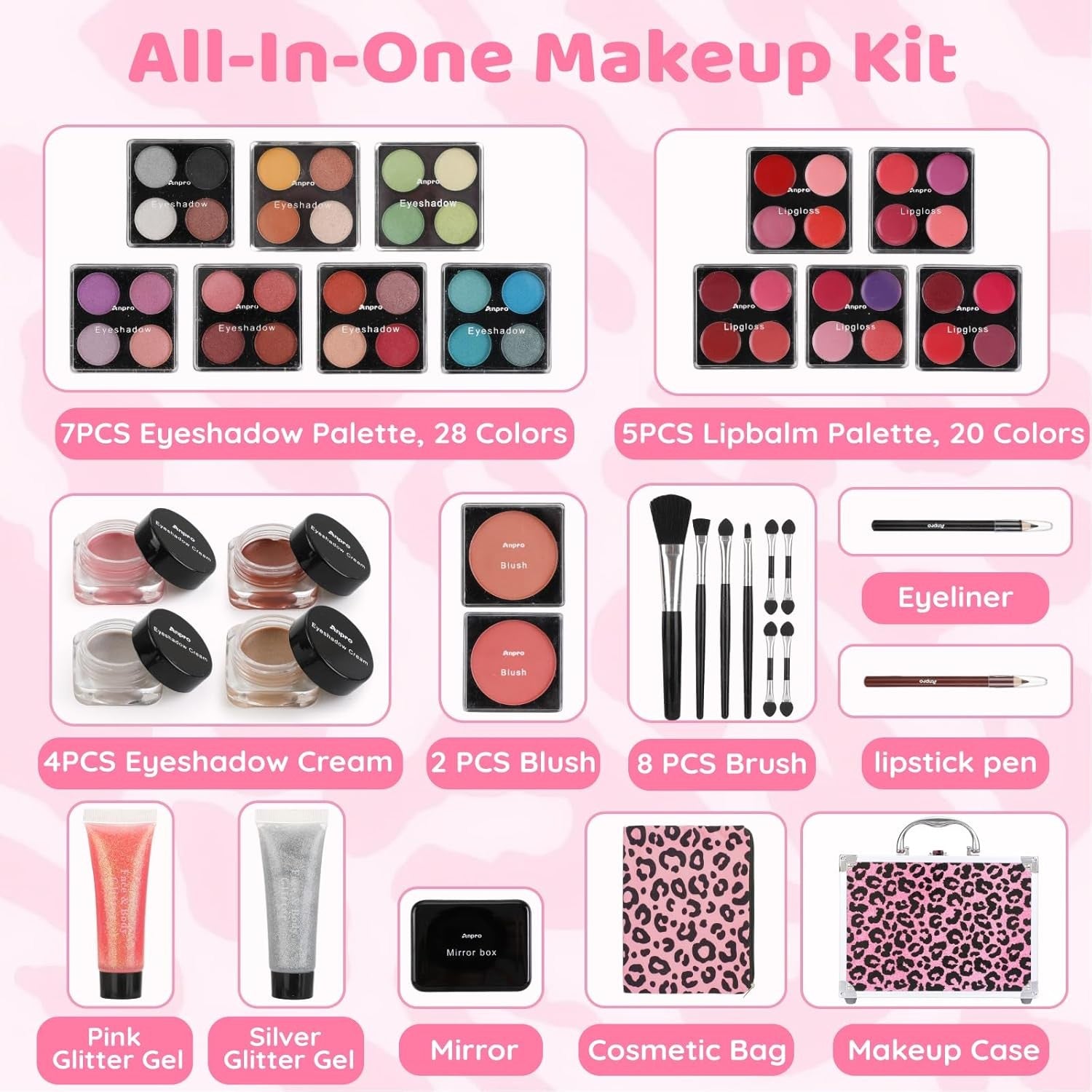 34pc All in One Makeup Kit Leopard Folding Case Set