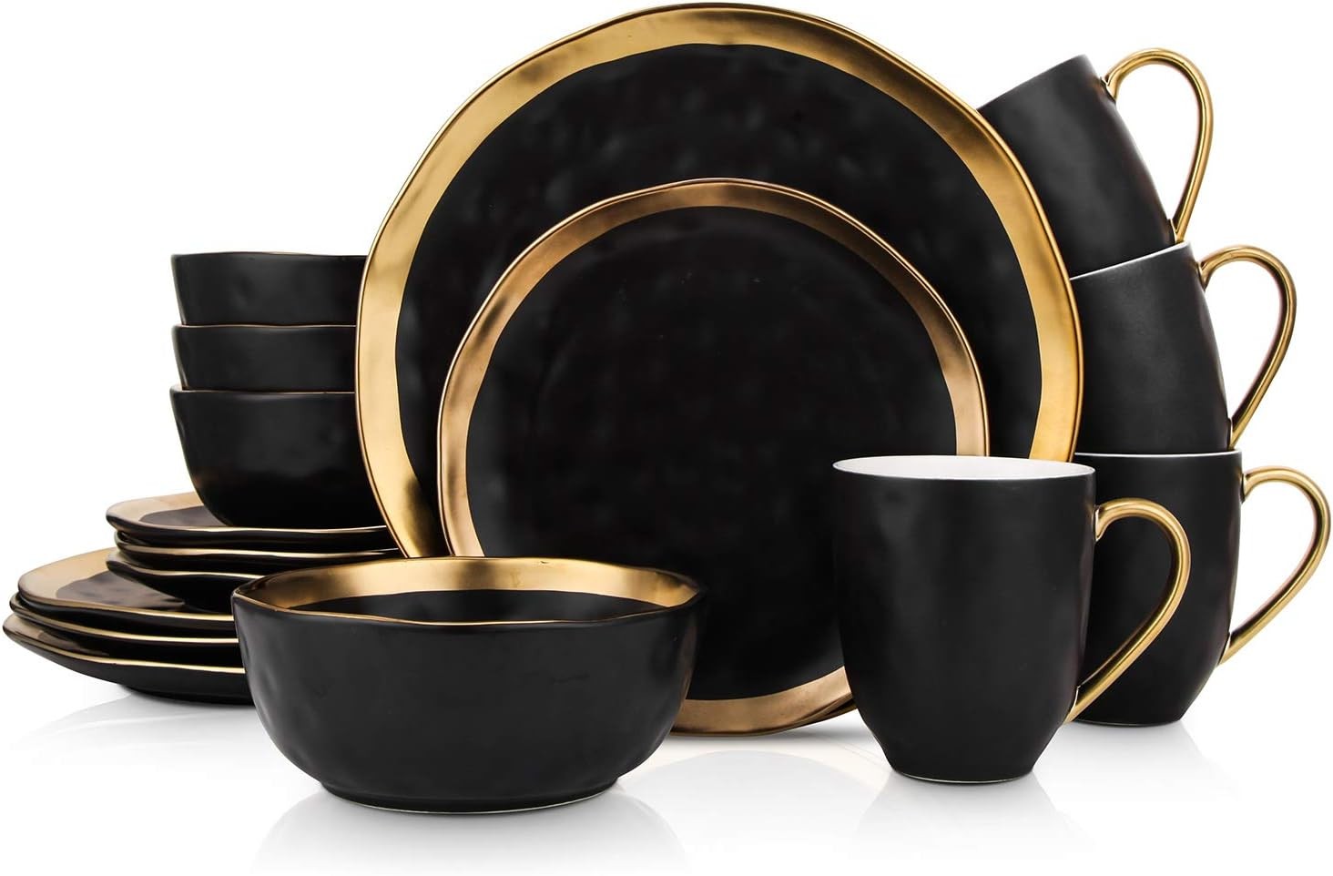 Black Gold Rim Dinnerware Set 16 Piece Porcelain Plates Bowls Service for 4