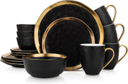 Black Gold Rim Dinnerware Set 16 Piece Porcelain Plates Bowls Service for 4
