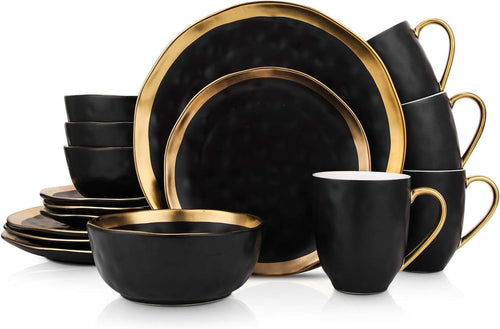Black Gold Rim Dinnerware Set 16 Piece Porcelain Plates Bowls Service for 4