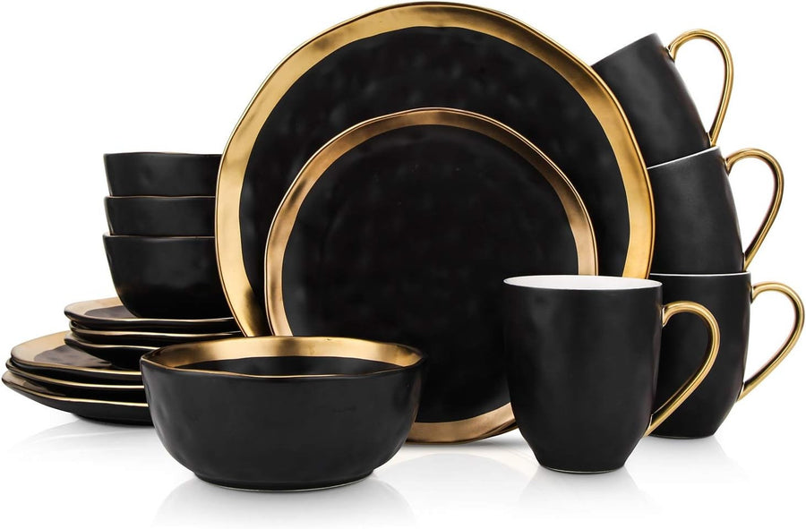 Black Gold Rim Dinnerware Set 16 Piece Porcelain Plates Bowls Service for 4