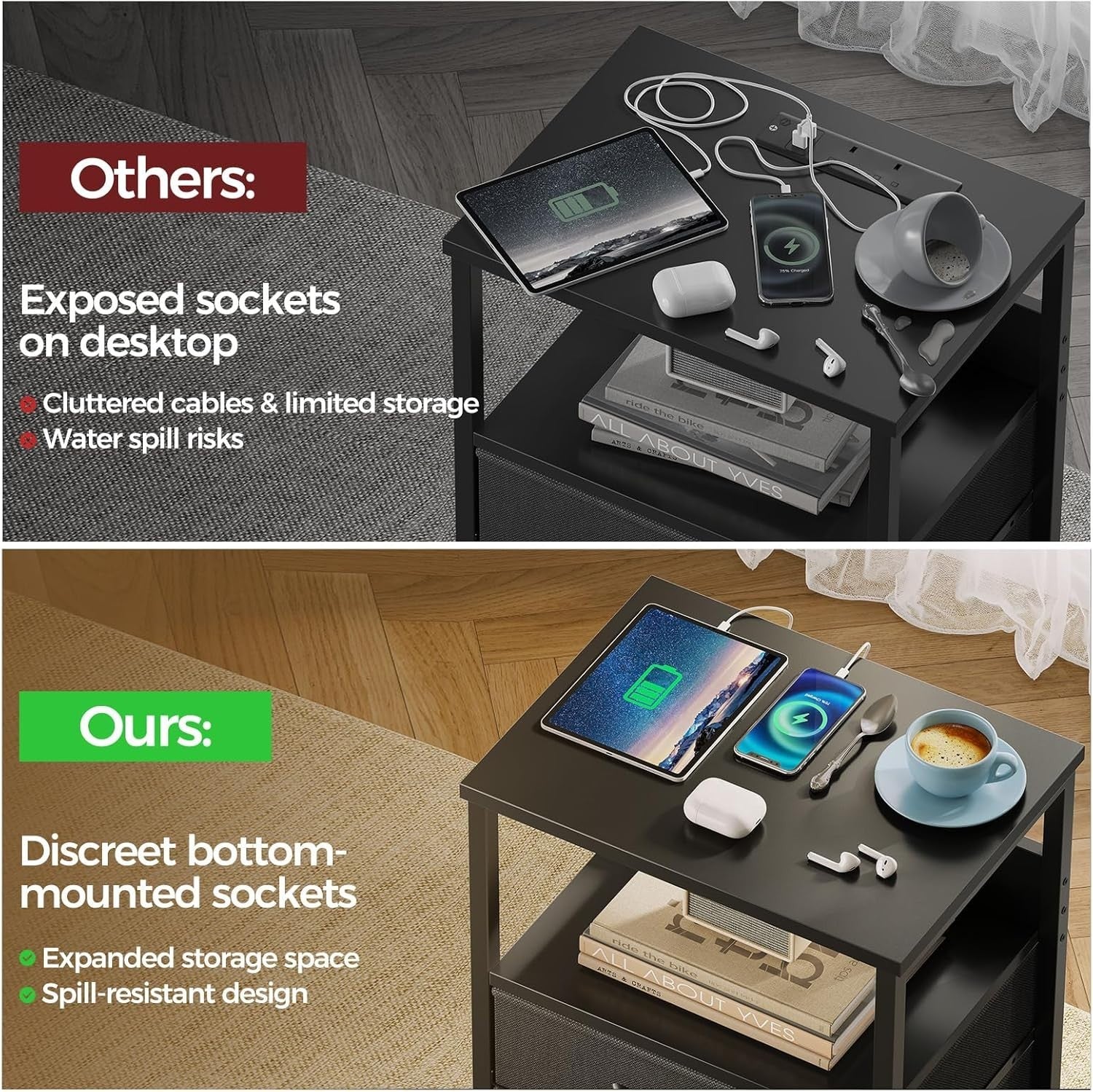 Set of 2 Black LED Bedside Tables with USB Charging | 3-Drawer Nightstands