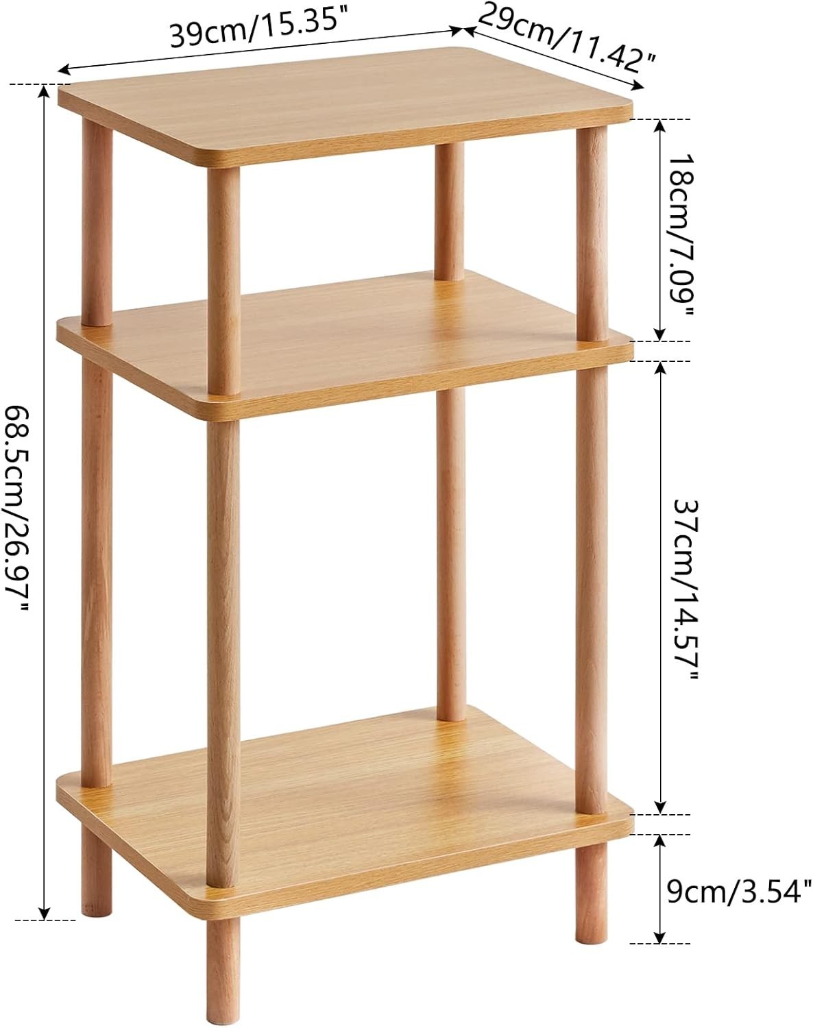3-Tier Solid Wood Side Table with Storage Shelves - No Assembly Needed