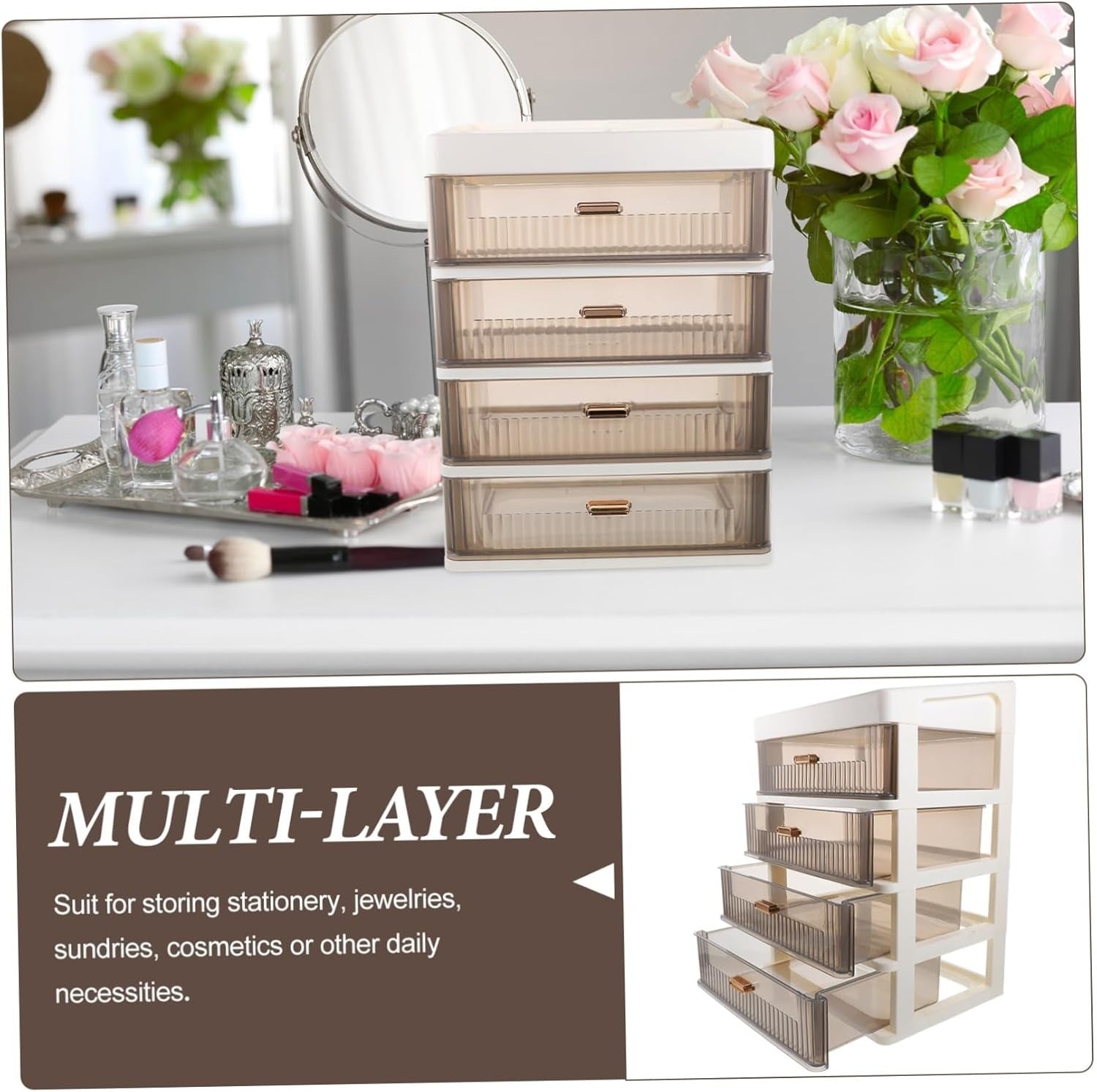 White Desk Organizer 4-Layer Drawers Multi-Use Makeup & Office Storage