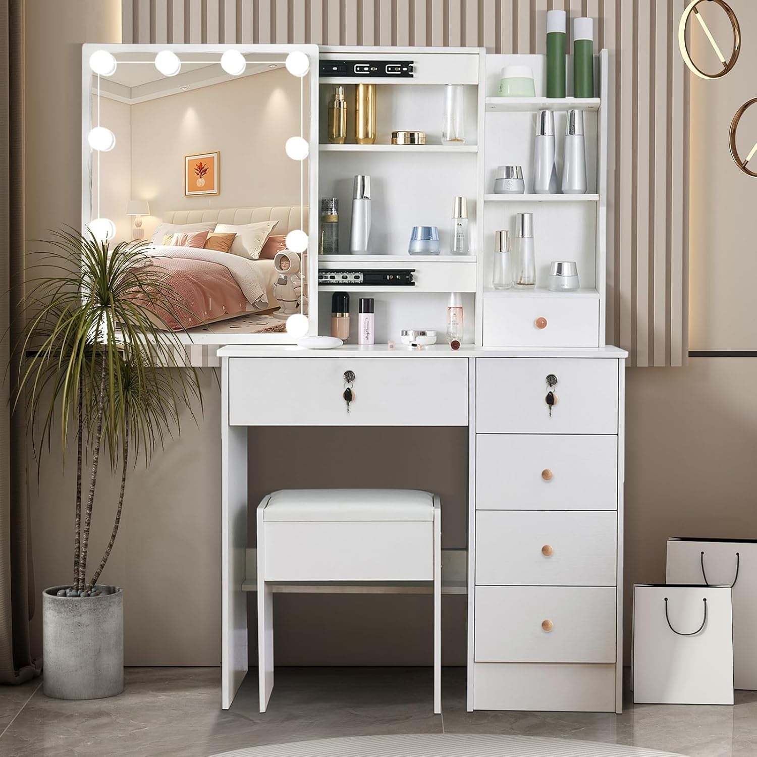 White Modern Vanity Table Set LED Mirror 5 Drawers Dressing Desk Wood